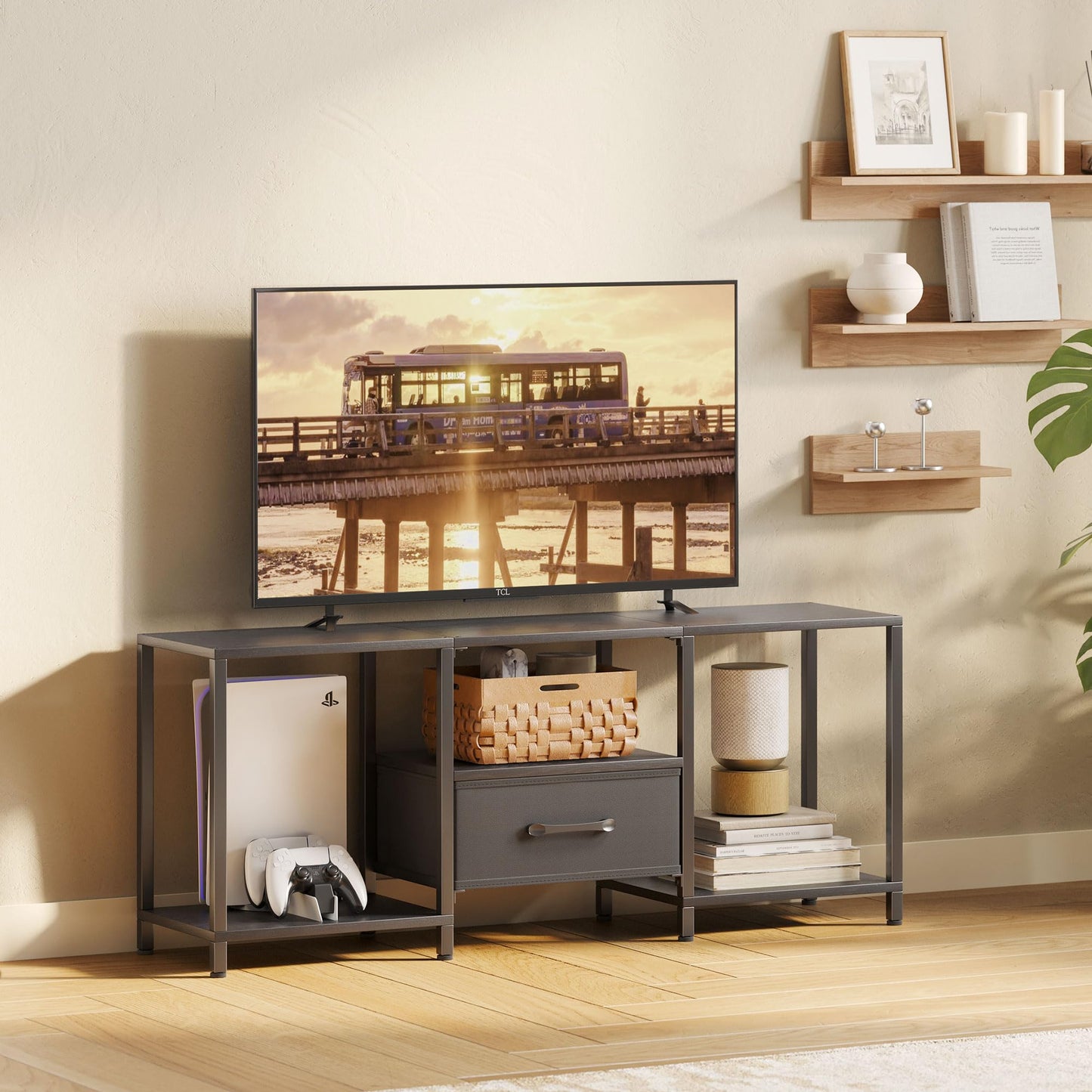 JARHETUN TV Stand with Fabric Drawer for 55 Inch TV, Entertainment Center with Open Shelves, Media TV Console Table for Living Room, Bedroom, Black