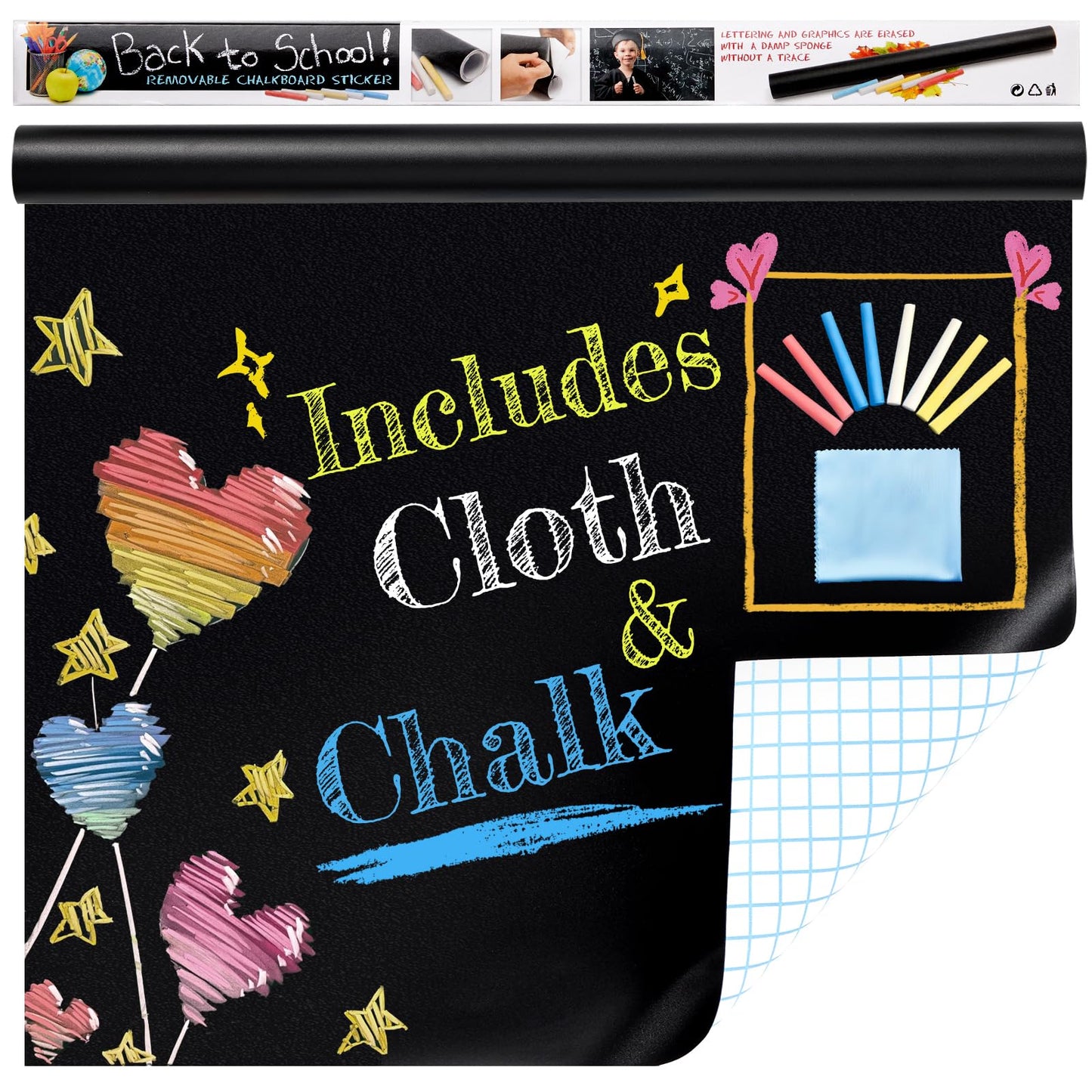 Borskyn Chalkboard Wallpaper Peel and Stick, 35.4"x118.1" Blackboard Contact Paper Self Adhesive, Vinyl Chalk Board Wall Sticker with 8 Colorful Chalks & 1 Rag (1 Roll 2.9ft. x 9.8ft.)