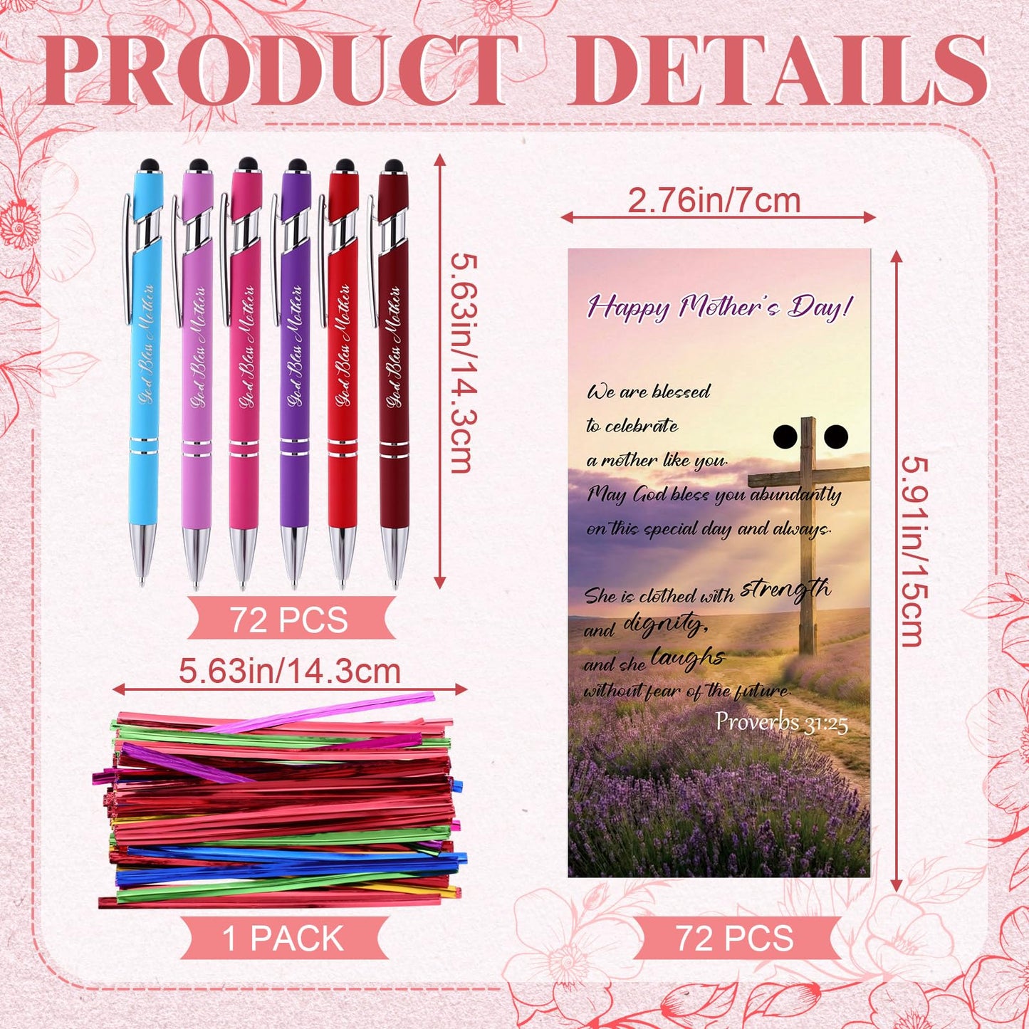 Qeeenar 72 Sets God Bless Mothers Gift Christian Church Gifts Ballpoint Pens Cards with Stylus and Metallic Twist Ties Bulk for Women Christmas Happy Mother's Day Religious Faith Scripture