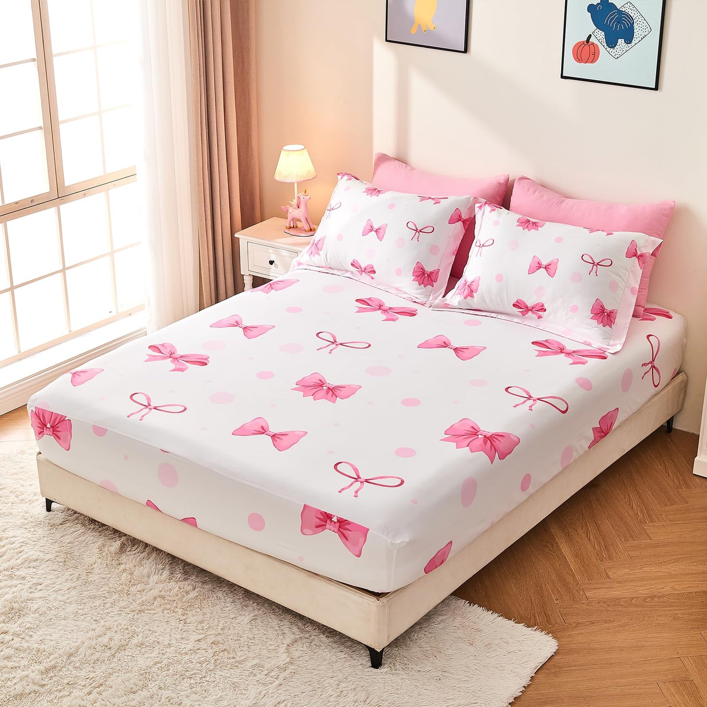Wajade 7 Piece Pink Bow Bedding Set for Girls Kids Twin Size Comforter Set with Sheet and 2 Pillowcases 2 Pillow Shams Cute Girls Bed in a Bag as Birthday Choice