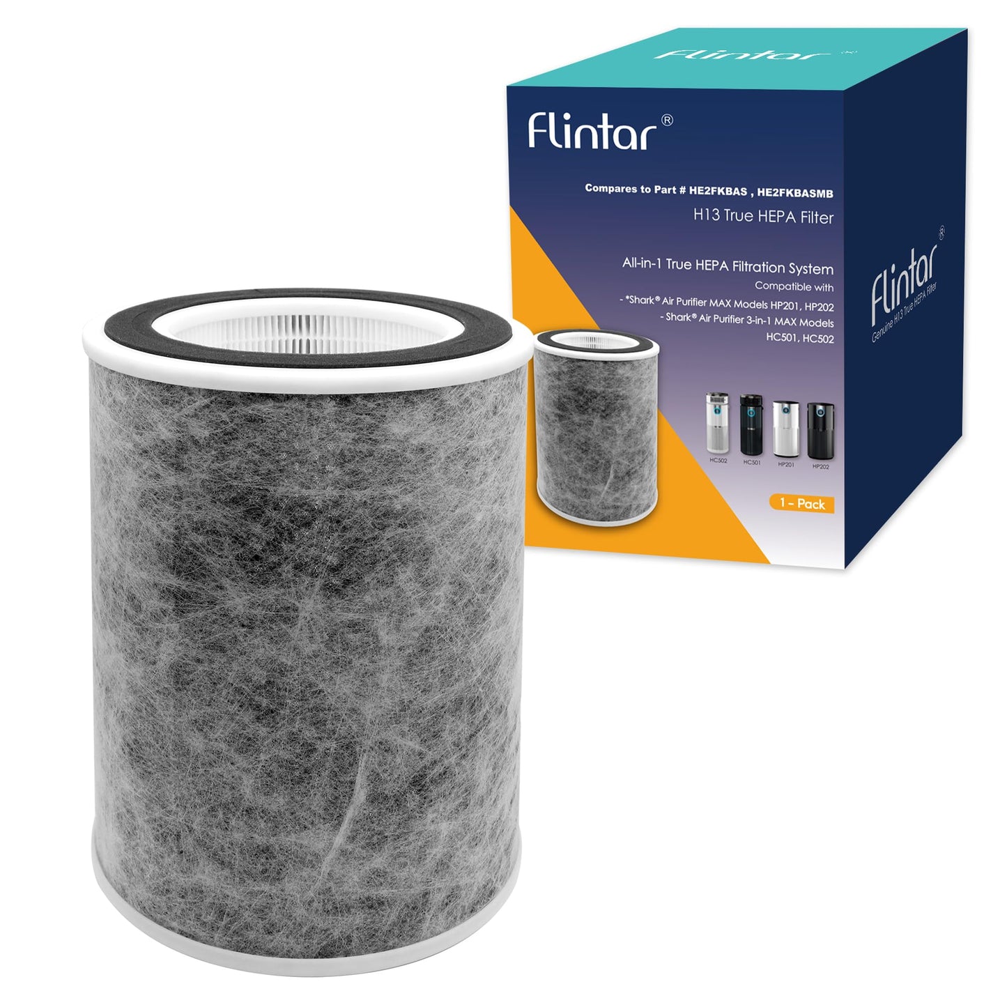 Flintar HP202 Replacement Filter, Compatible with Shark Air Purifier Max Model HP201, HP202, UA205, AP1000, HC501, HC502, Compares to Part # HE2FKBAS and HE2FKBASMB, 1-Pack