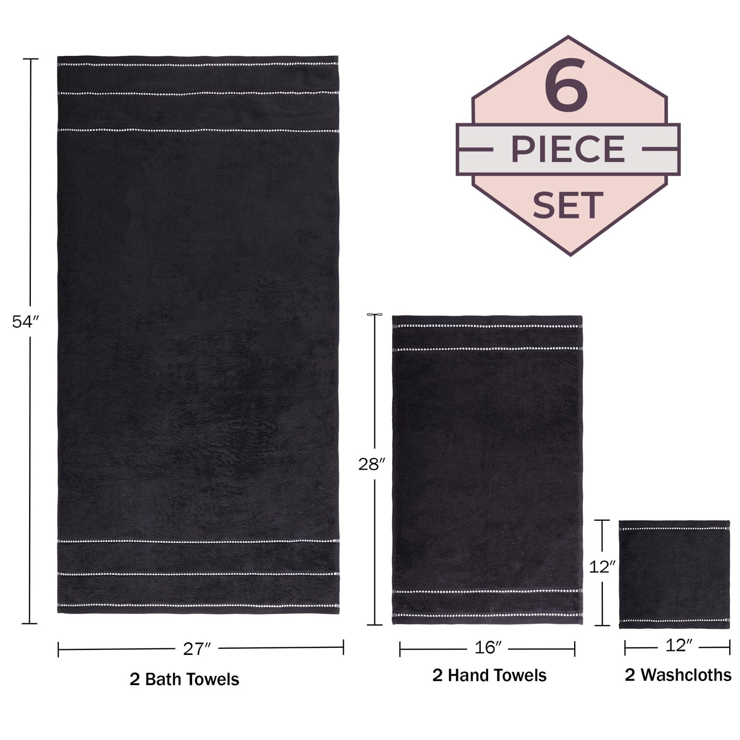 Lavish Home 6 Piece Bathroom Towels Set - 525GSM 100% Cotton Bathroom Essentials - 2 Bath Sheets, 2 Hand Towels, and 2 Wash Cloths for Bath, Shower, Gym, Spa, and Dorm Room (Black)