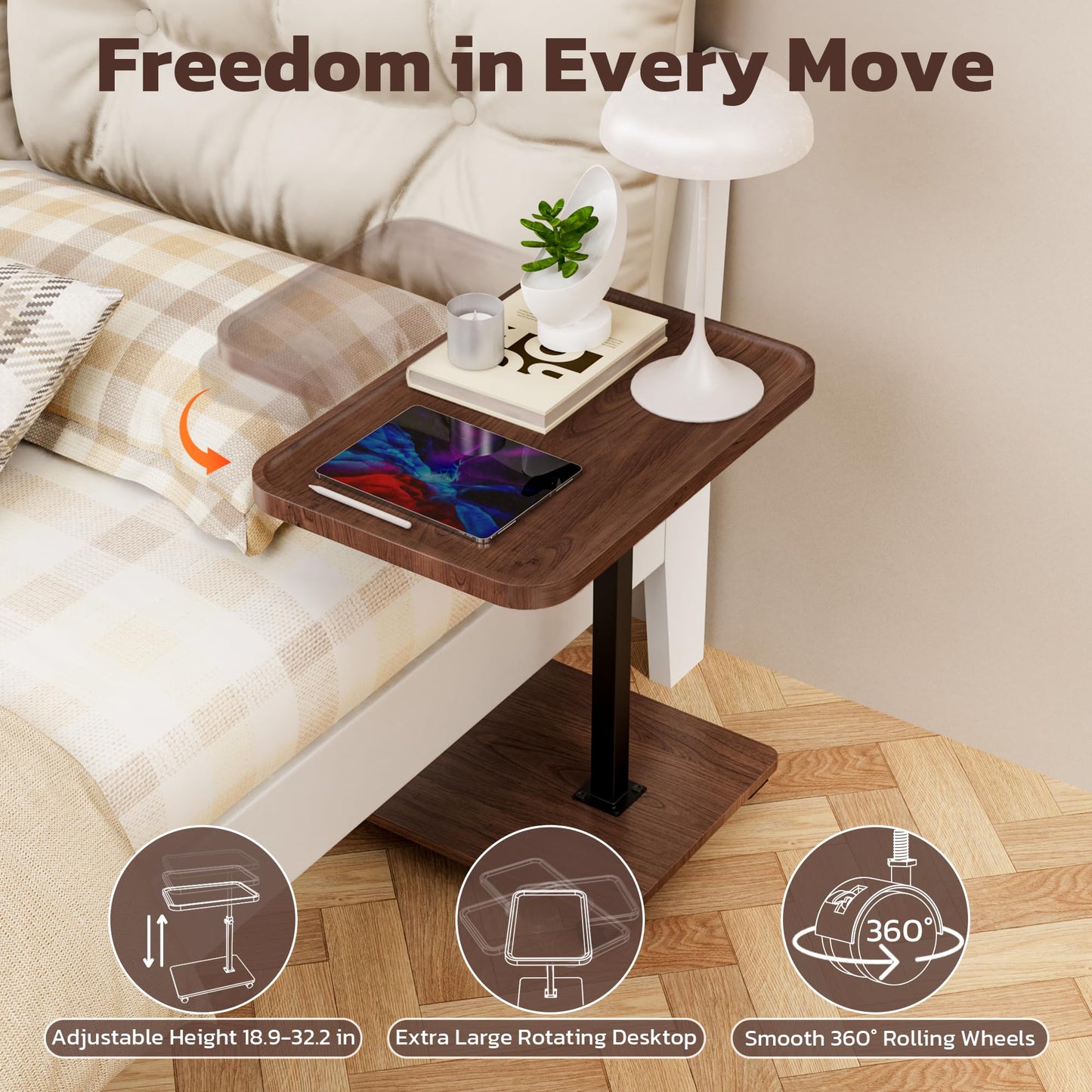 Large Size C Table End Table, Adjustable Height 360°Swivel TV Tray Table for Small Spaces, Couch Tables that Slide Under, C Shaped Side Tables for Couch,TV Dinner, Living Room and Bedroom (Walnut)
