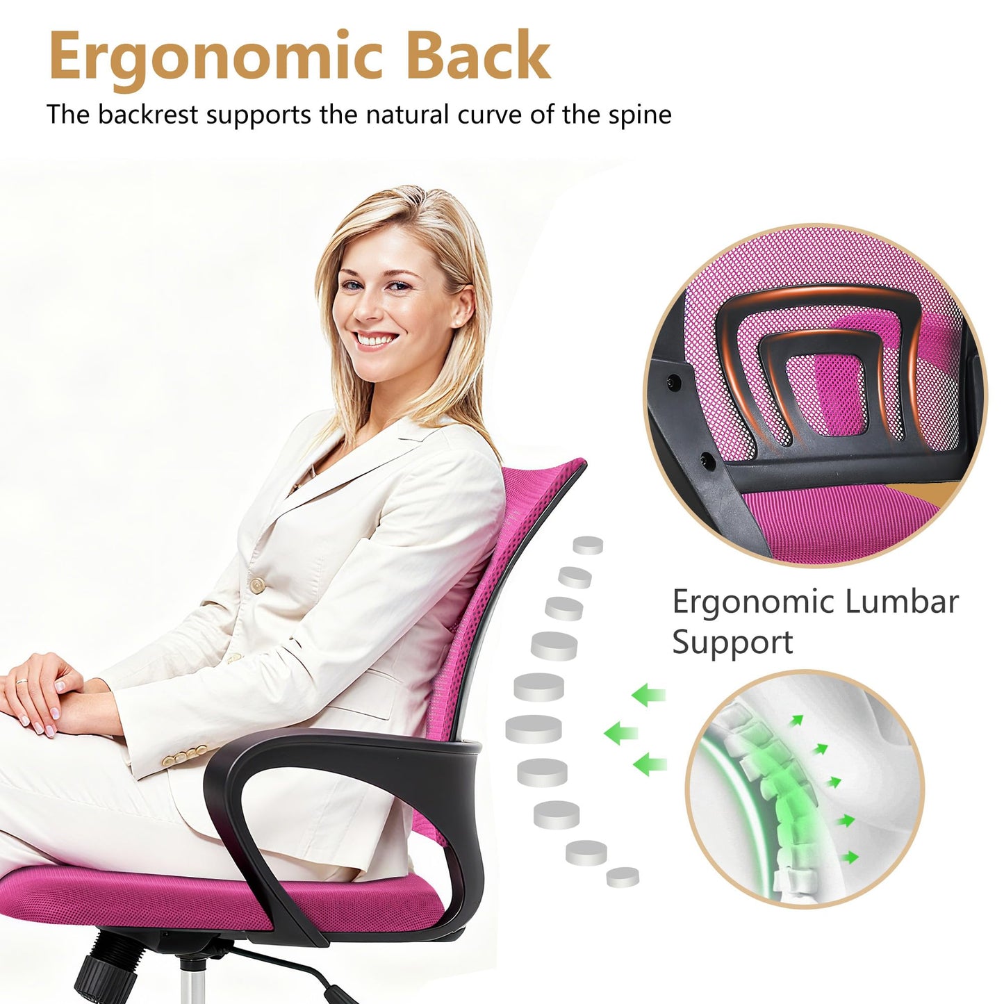 BestOffice | Ergonomic Office Chair | Mid-Back Swivel Desk Chair | Breathable Backrest & Lumbar Support | Adjustable Height | Sponge Seat | Rolling Wheels | Peach Pink | for Adults & Women