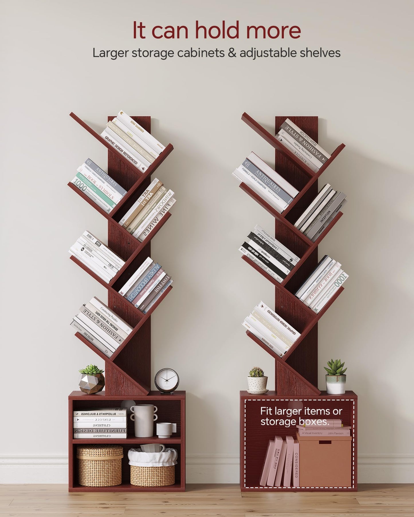 SUNMORY 6 Tier Tree Bookshelf, Tall Bookcase with Storage Cabinet, Modern Narrow Bookshelves Organizer, Floor Standing Book Shelf for Bedroom/Living Room/Home Office/Corner, Cherry