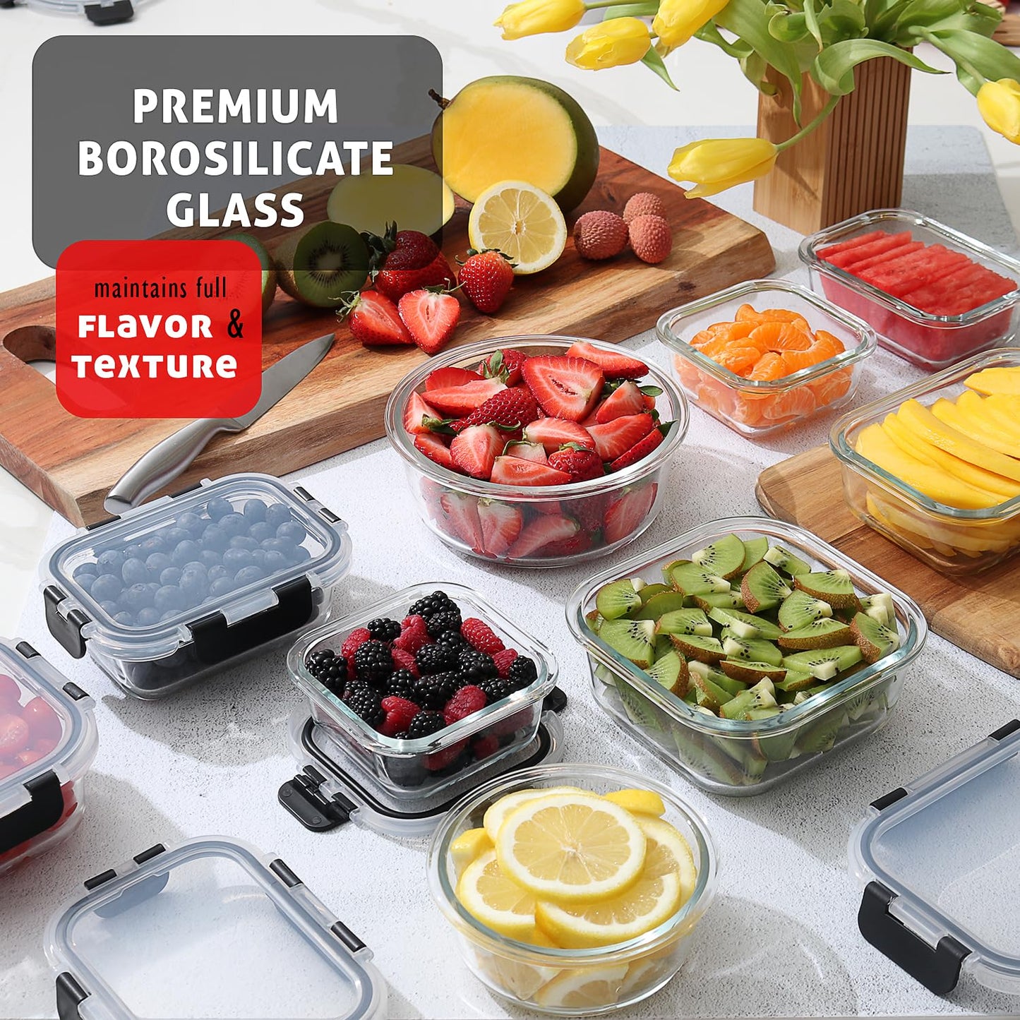 Nestl 24pc Glass Storage Containers with Lids, 12 Glass Food Storage Containers with 12 Airtight Lids for Pantry & Kitchen, Meal Prep Containers for Lunch, Oven Microwave & Dishwasher Safe, Black