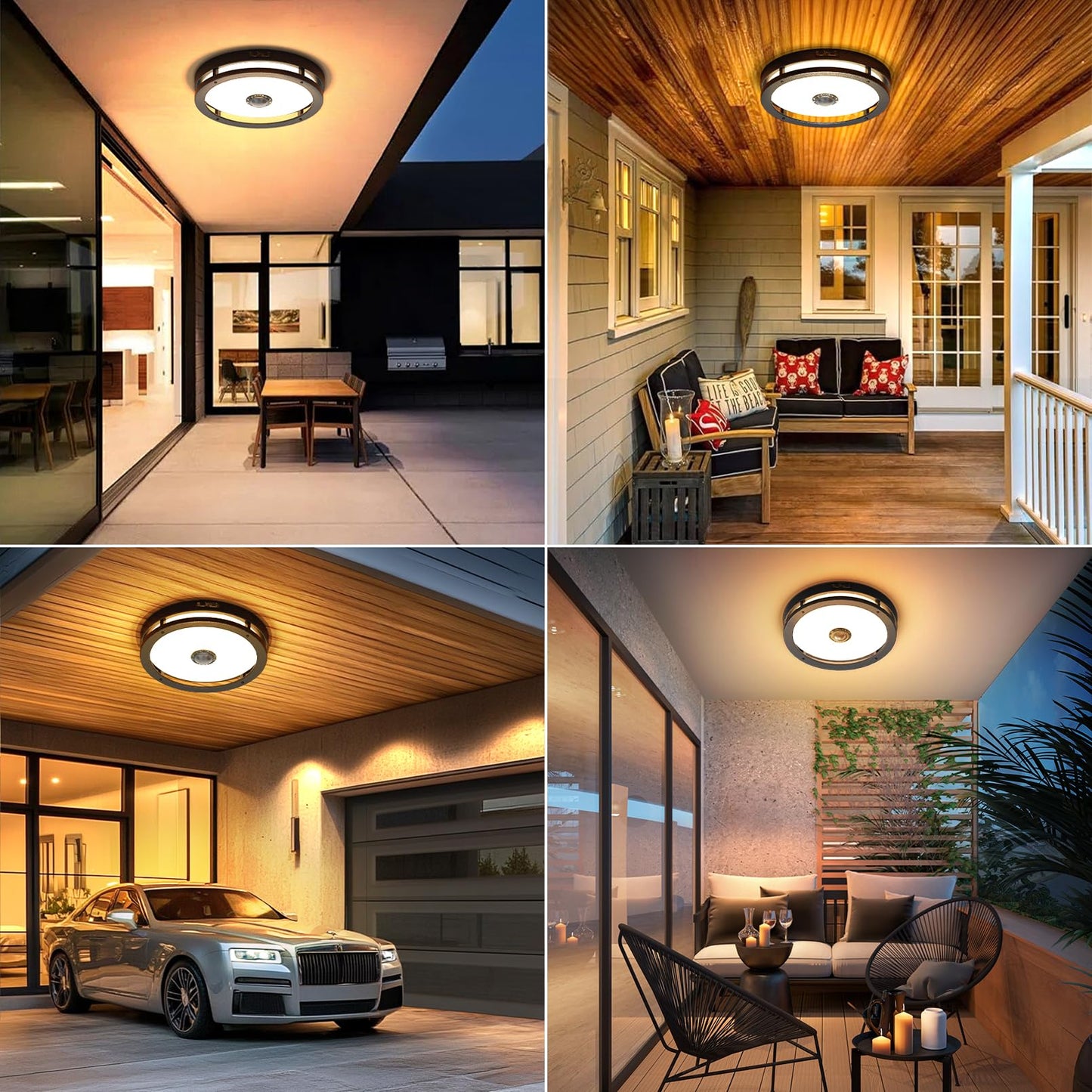Slypadan Outdoor Motion Sensor Flush Mount Ceiling Light, 12" Dusk to Dawn Porch Modern Black Exterior Light, Ceiling Light Fixture 2 Pack for Patio, Garage, Entry