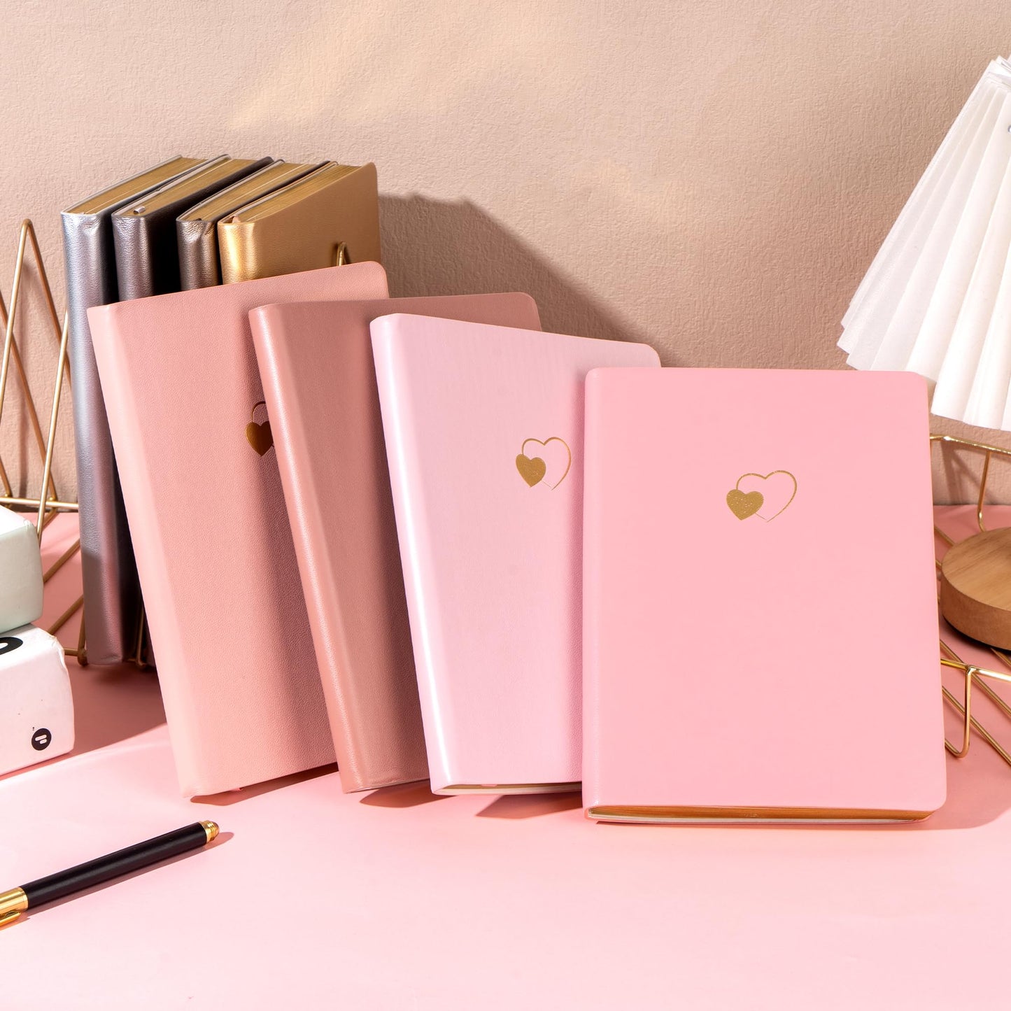 CAGIE 4 Pack Lined Journal Notebook for Women and Girls 256 Pages Cute Diary with Heart-Shaped Leather Journals for Writing A5 Soft Cover Notebooks for Work School, Pink