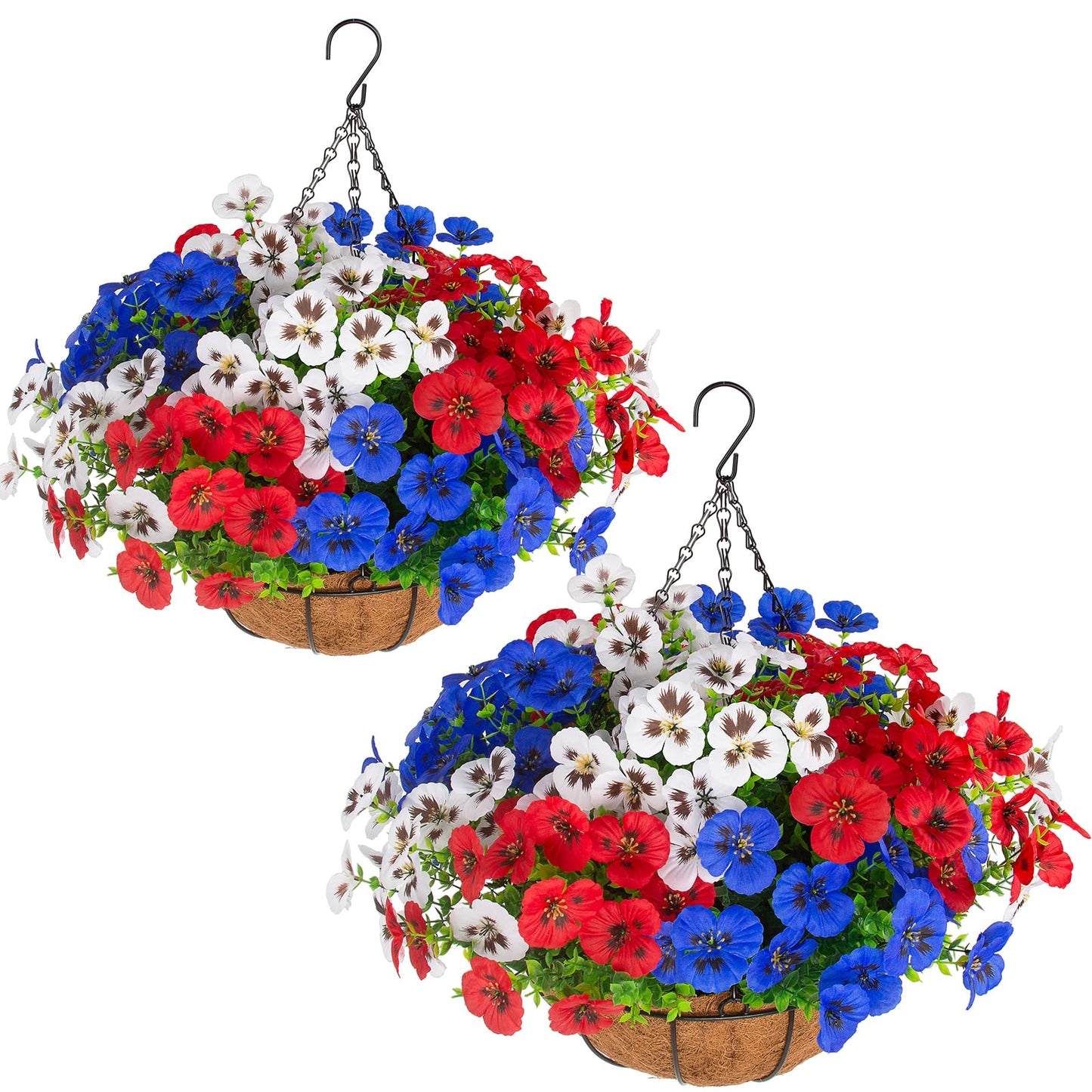 lovemoon 2 Sets Artificial Hanging Pansies Flowers with Baskets, 24 Pcs Faux Patriotic Silk Pansy Outdoor Flower for Porch Patio Garden Home Summer 4th of July Decor (Y/P/W) (2, RedWhiteBlue)