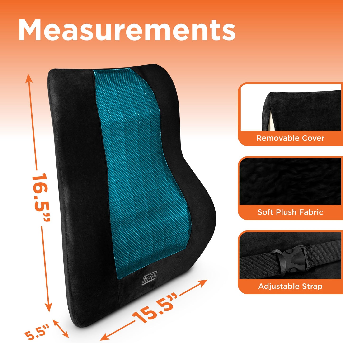 BLACK+DECKER Memory Foam Lumbar Support Pillow with Cooling Gel – High Back Lumbar Cushion for Office, Car, Wheelchair & Airplane – Ergonomic, Pain Relief, Adjustable Strap, Washable Cover,Black/Grey