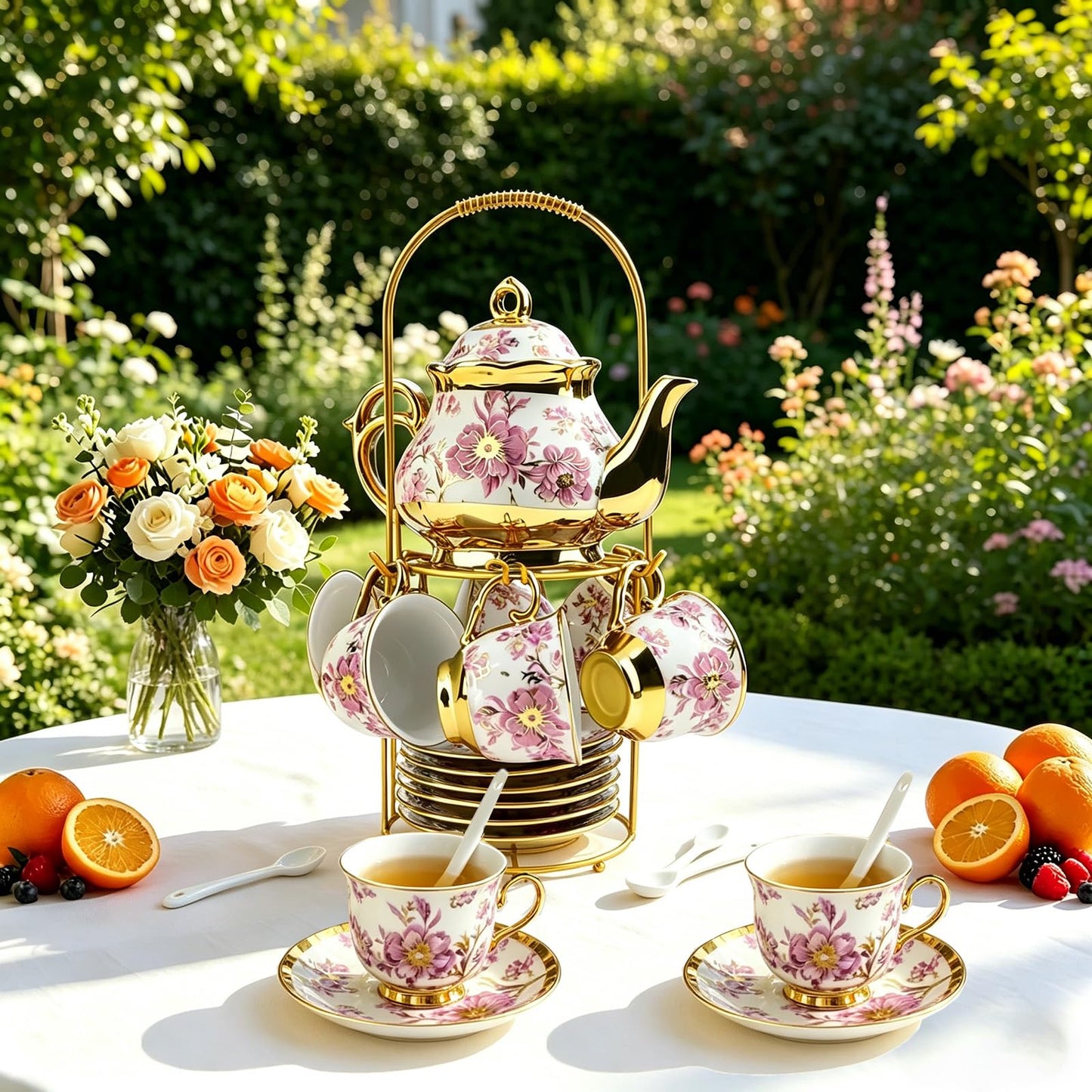 20 Pcs Porcelain Tea Set with Metal Holder, 700ml/23oz European Ceramic Tea Set for Adults, Adult Tea Set Gift, Flower Tea Cup Saucer Set for Party With Gold Flower Painting (Elegant Purple/700ml)