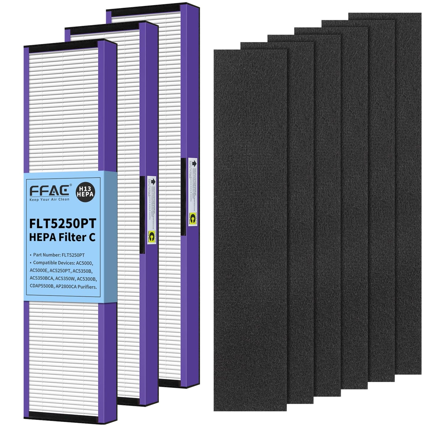 FFAC 3-Pack FLT5250PT Pet Care Filter-C Compatible with GermGuardian AC5250PT, AC5000E, AC5000, AC5350B, AC5350W, AC5350BCA, AC5300B Air Purifier, 3 HEPA + 6 Pre-Filters