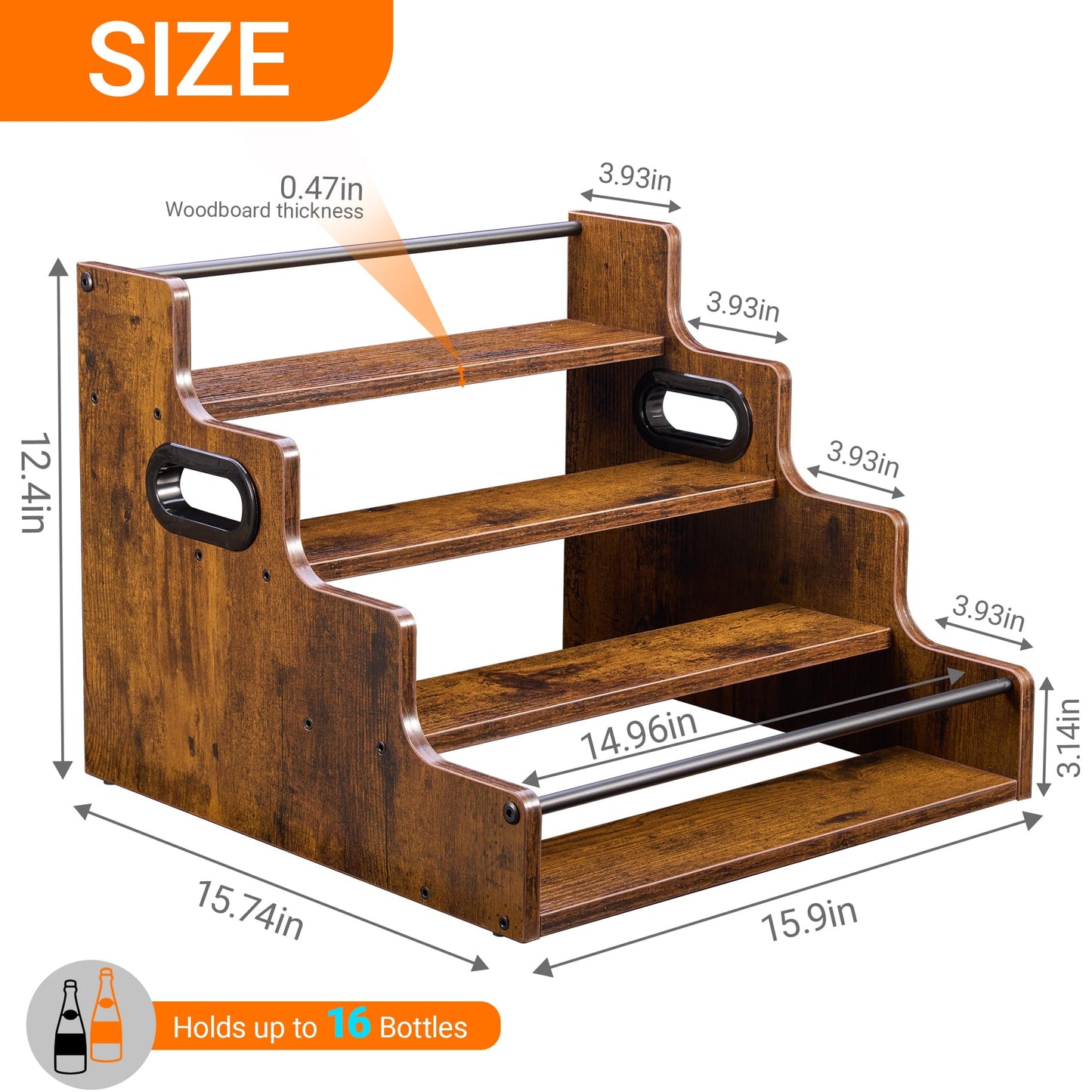 YQBRAO 4-Tier Tiered Liquor Bottle Display Shelf - 16-Inch Rustic Wood Liquor Rack & Coffee Syrup Organizer - Heavy-Duty Countertop Spice Rack with Guardrails & Handles for Bar, Kitchen, Office