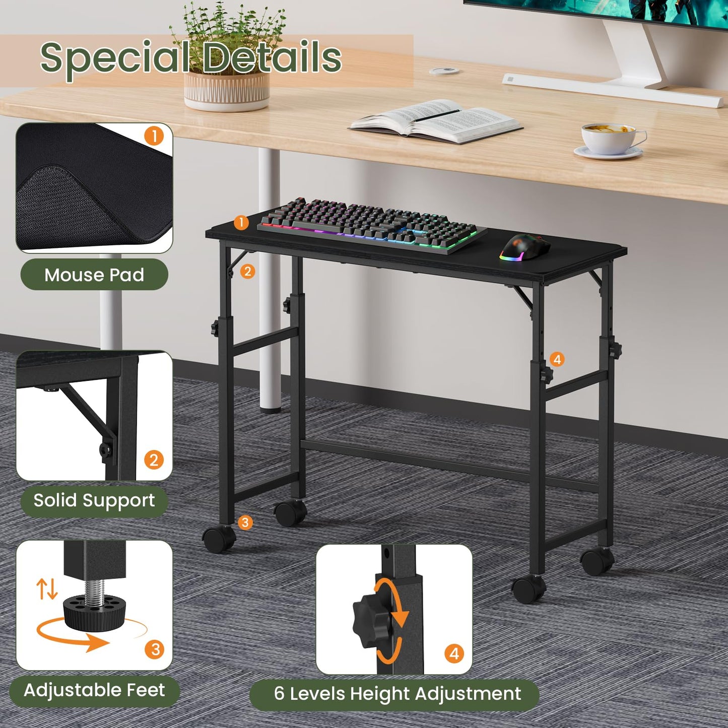 Snughome Mobile Keyboard Tray with Mouse Pad, Height Adjustment 23"-31", Keyboard Standing Desk, Rolling Under-Desk Extender with Lockable Casters, Desk Accessories for Home Office