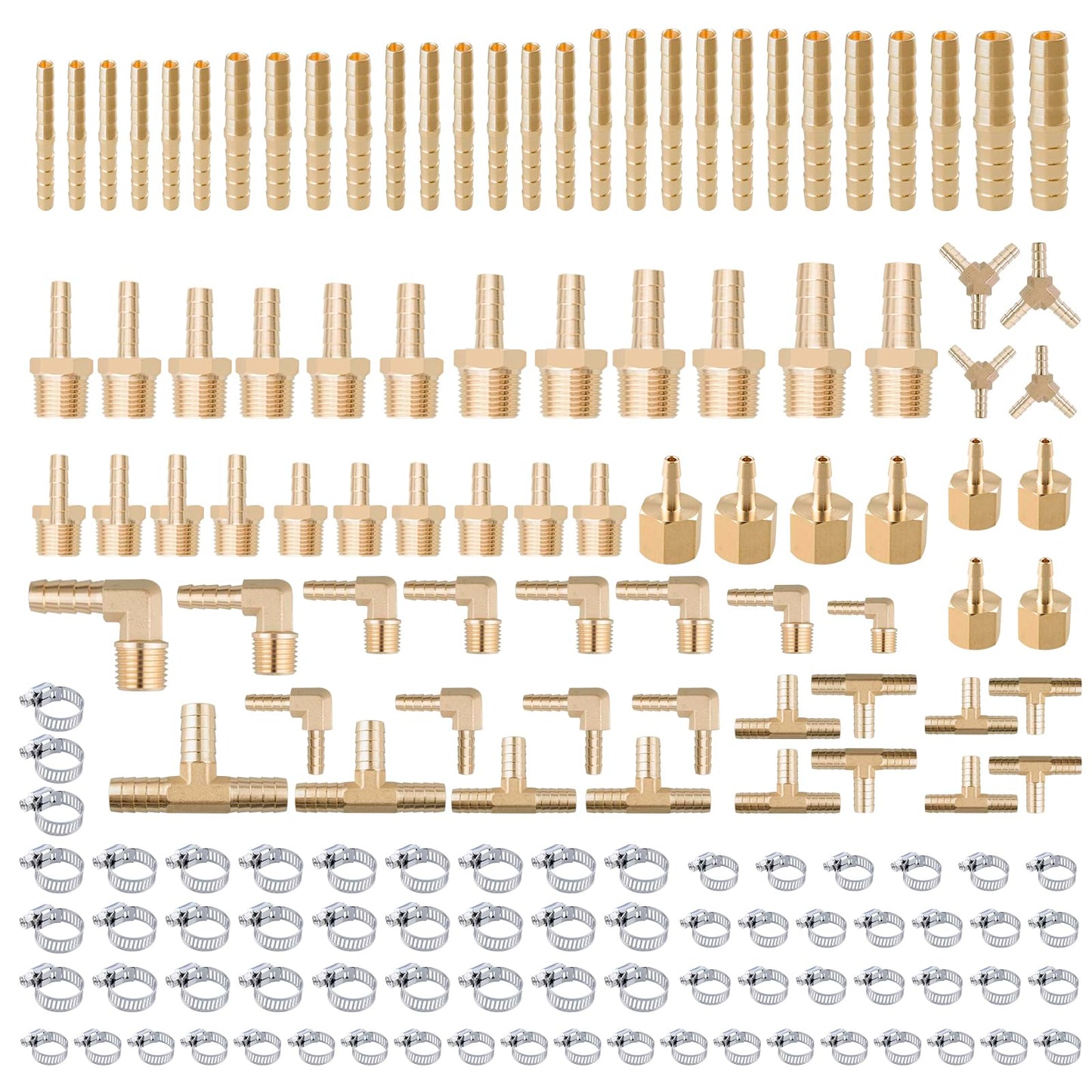 156Pcs Hose Barb Fuel Line Fittings Assortment Kit Barb Splice/Coupler/Female Adapter/Tee/Y Shaped Union/90°Male Elbow Thread 1/8" 3/16" 1/4" 5/16" 3/8" 1/2" Air Hose Fitting with Pipe Clamps for Fuel