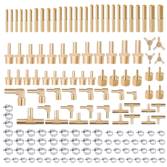 156Pcs Hose Barb Fuel Line Fittings Assortment Kit Barb Splice/Coupler/Female Adapter/Tee/Y Shaped Union/90°Male Elbow Thread 1/8" 3/16" 1/4" 5/16" 3/8" 1/2" Air Hose Fitting with Pipe Clamps for Fuel