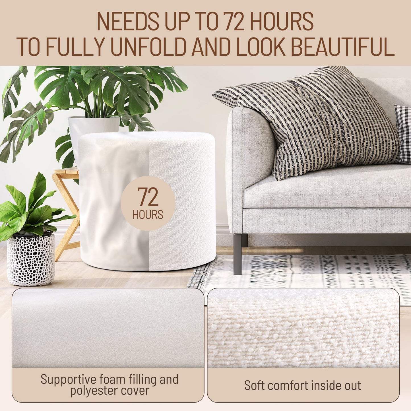 KKdema White Round Ottoman Foot Rest Stool – Clean Boucle Fabric Footstool with Soft Foam Filling, Lightweight Modern Pouf for Minimalist Living Room, Bedroom, Office – Pure White