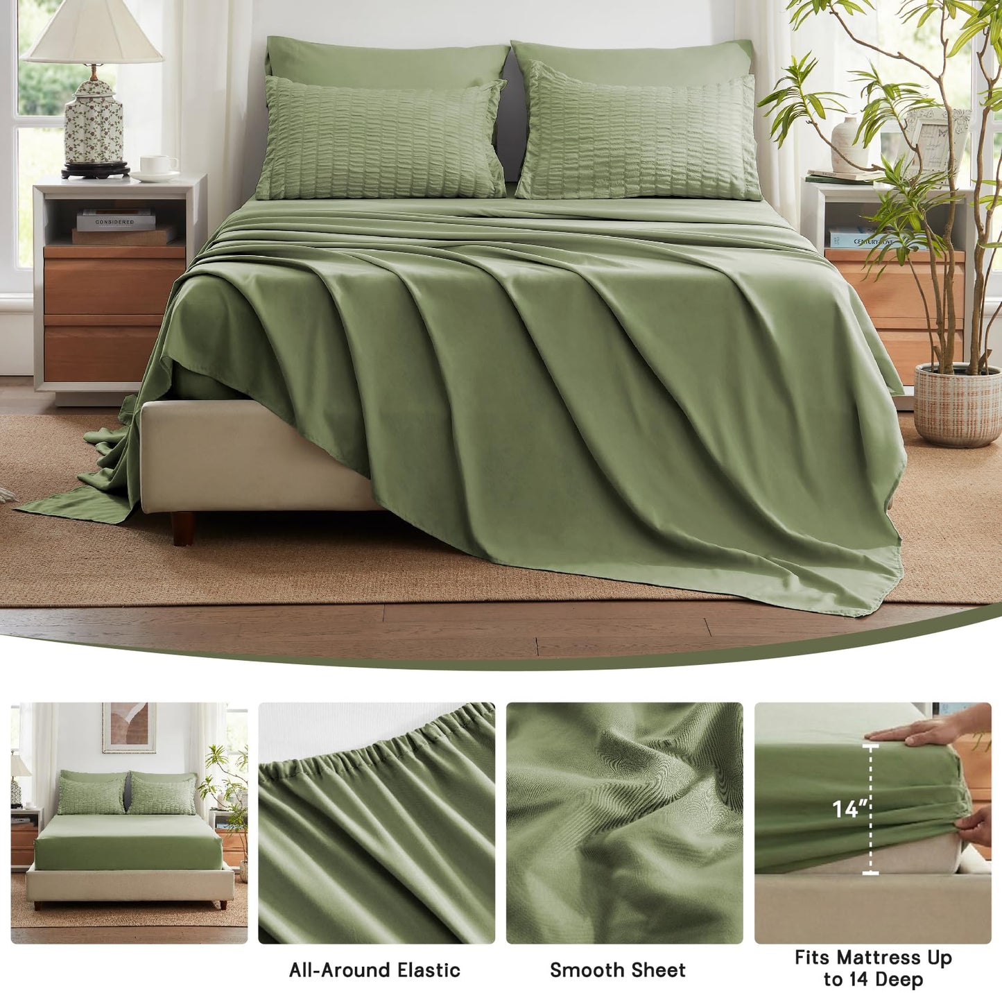 Zzlpp King Size Comforter Set 7 Pieces, Olive Green Seersucker Bed in a Bag with Sheets, All Season Bedding Sets with 1 Comforter, 2 Pillow Shams, 2 Pillowcases, 1 Flat Sheet, 1 Fitted Sheet