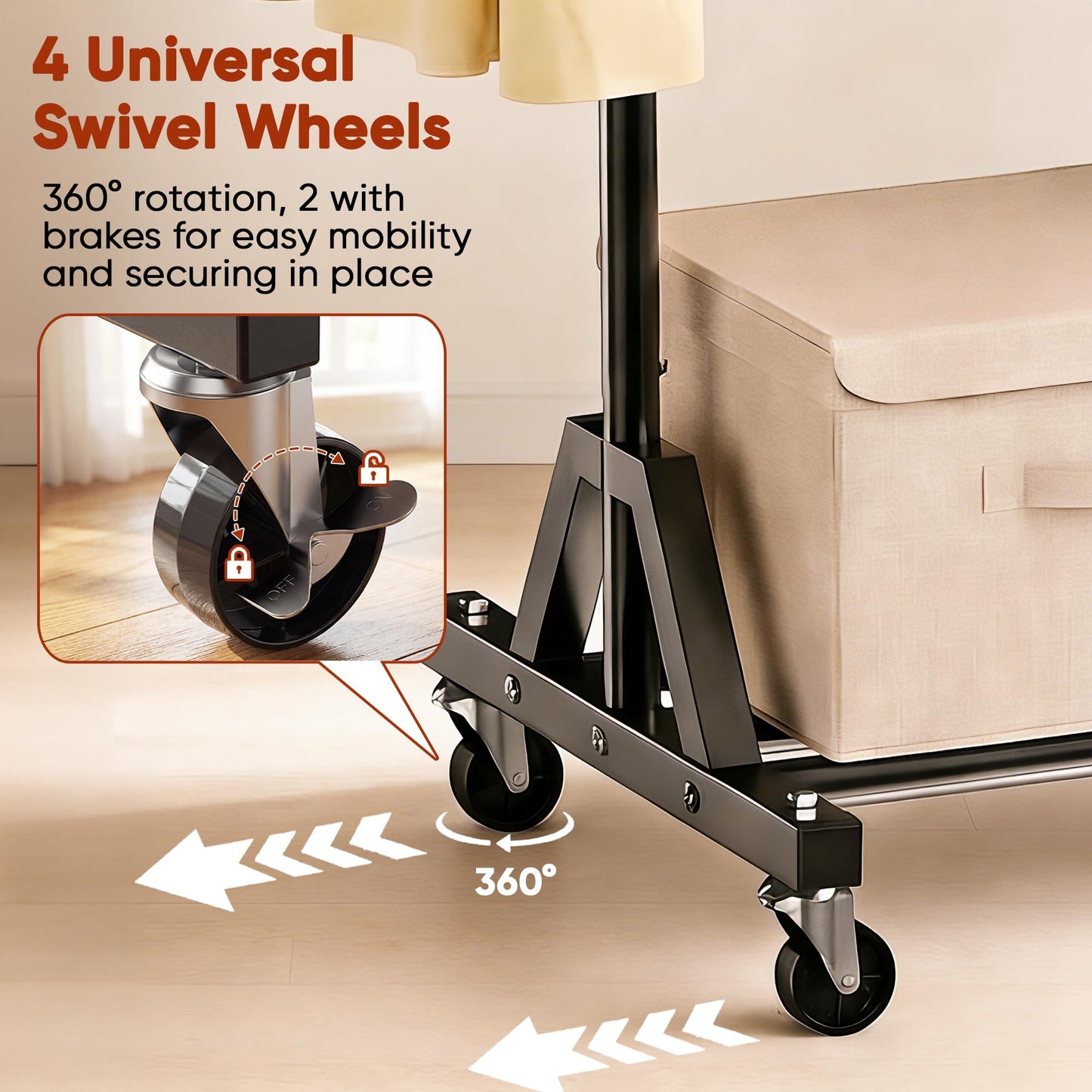 HRUSGO Rolling Garment Rack - Retractable Clothes Rack with Hanging Rods, Lockable Wheels and Bottom Storage Shelf - Sturdy Coat Rack, Freestanding Clothing Organizer for Bedroom, Laundry & Closet