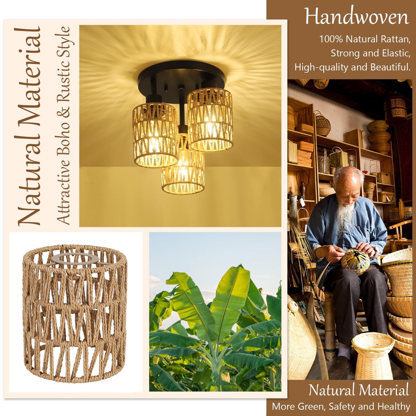 3-Lights Boho Light Fixtures Ceiling Mount, Farmhouse Rattan Chandelier, Hand Woven Cage Shade Semi Flush Mount Ceiling Lights for Bedroom Foyer Entryway Kitchen, Hallway Rattan Light Fixtures Ceiling