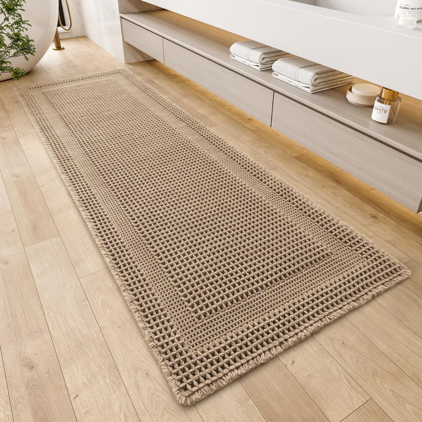 AMOAMI Waffle Bath-Mat, Absorbent Bath Mats for Bathroom Non Slip, Machine Washable Bathroom Rugs with Tassels Ultra Soft Boho Bath Rugs for Floor 2'x6'(24"x72") Beige