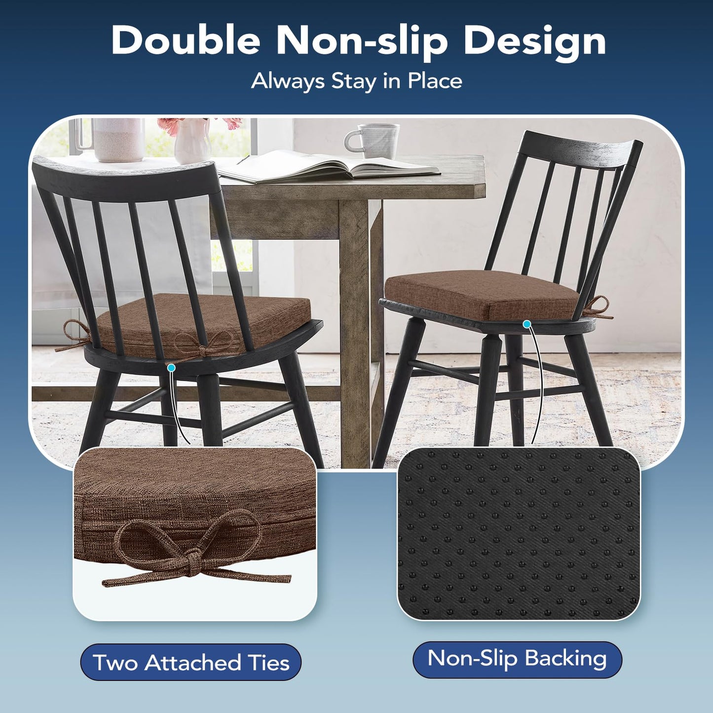 HOMELYSIAN Chair Cushions for Dining Chairs, Non Slip Chair Pads with Ties and Washable Covers, Memory Foam Kitchen Chair Cushions Set of 4, 16"X16"X2.5", Brown
