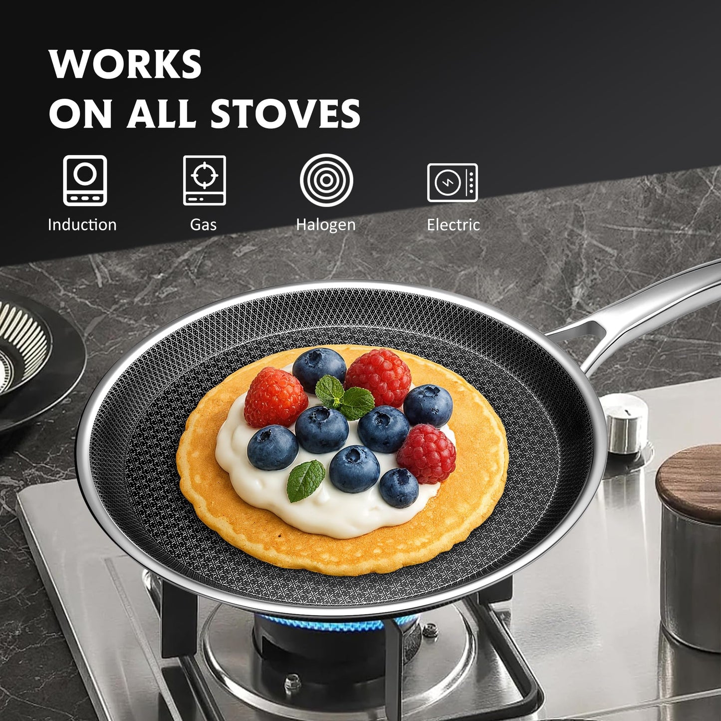 SNOWCLAD Crepe Pan,12 in Nonstick Crepe Pan, Stainless Steel Flat Skillet,Non Stick Dosa Tawa Comales Para Tortillas Pancake Pan,Dishwasher and Oven Safe Cookware,Induction Compatible, PFOA Free