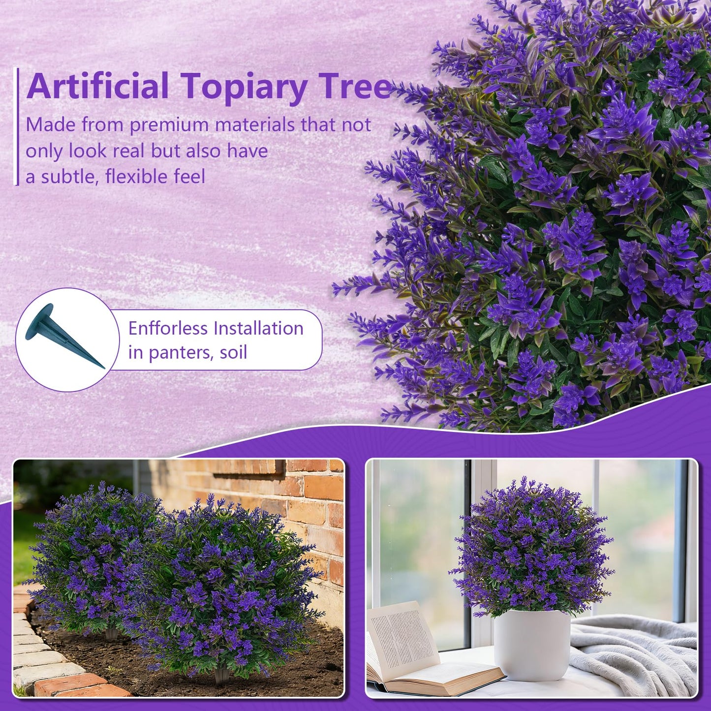Grooy Artificial Lavender Topiary Ball for Outdoors, Set of 2 Boxwood Plant Tree with Spike, Fake Shrubs UV Resistant Faux Plants for Indoor Outdoor Decor