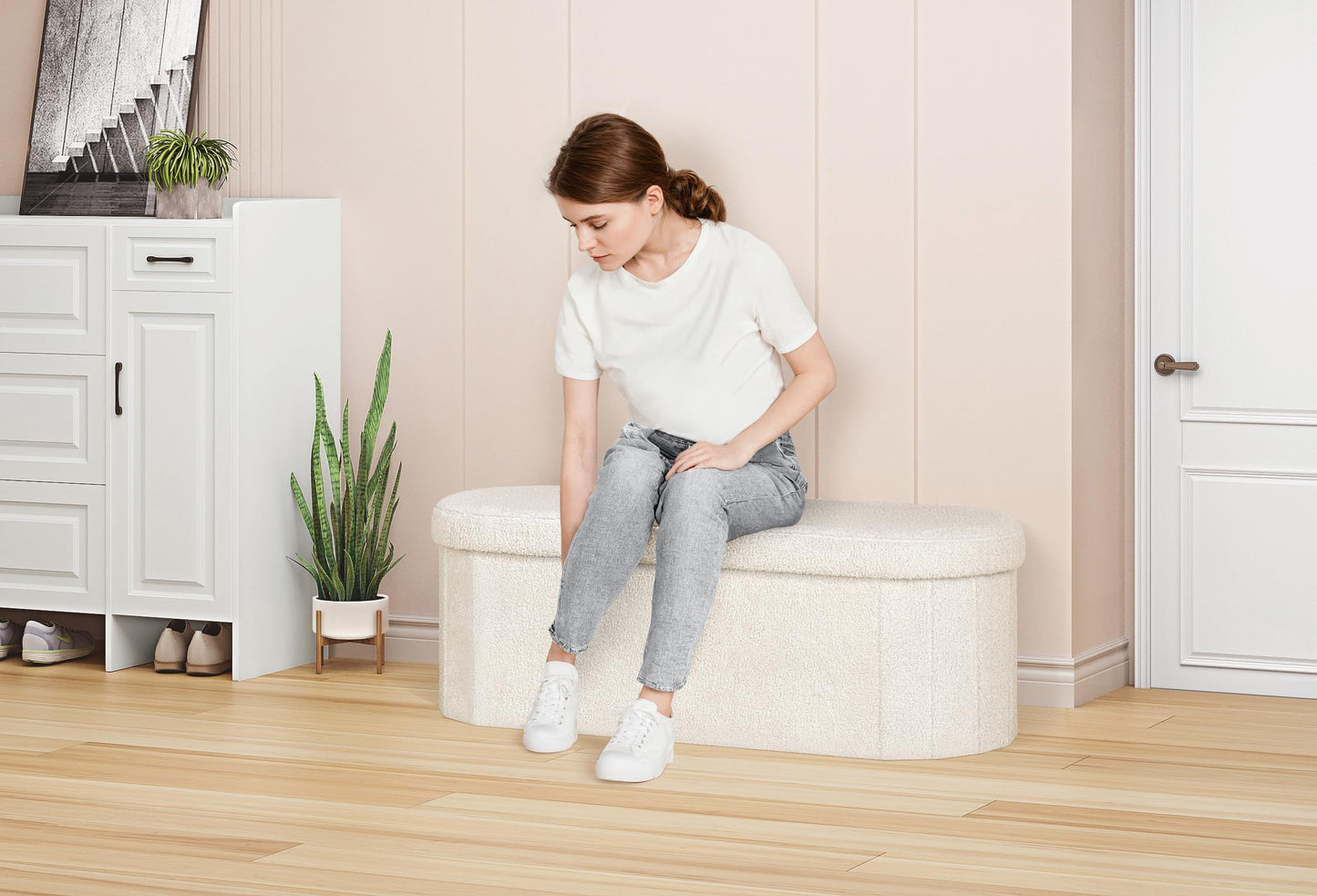 PINPLUS Storage Ottoman Bench Tufted Oval Ottomans Bench Foot Rest, Chest Box Velvet Bench with Storage, 43"x15"x15" (White)