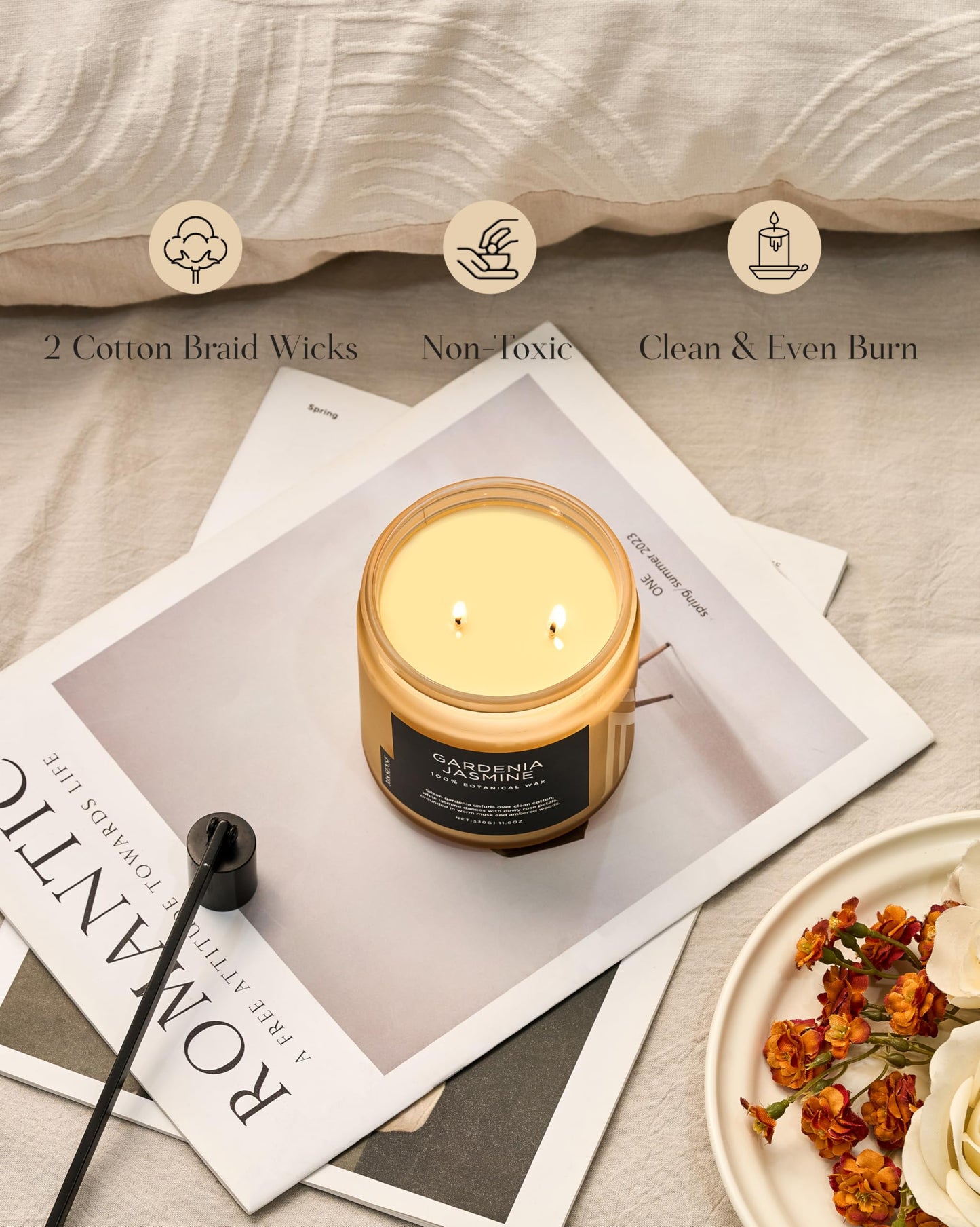 M&SENSE Gardenia Jasmine Scented Candle - 11.6oz Natural Soy Wax Clean Non Toxic 70-Hour Burn, 2-Wick Aromatherapy Candle for Bath & Office - Floral Scent Housewarming Gift for Mom Teacher Friends