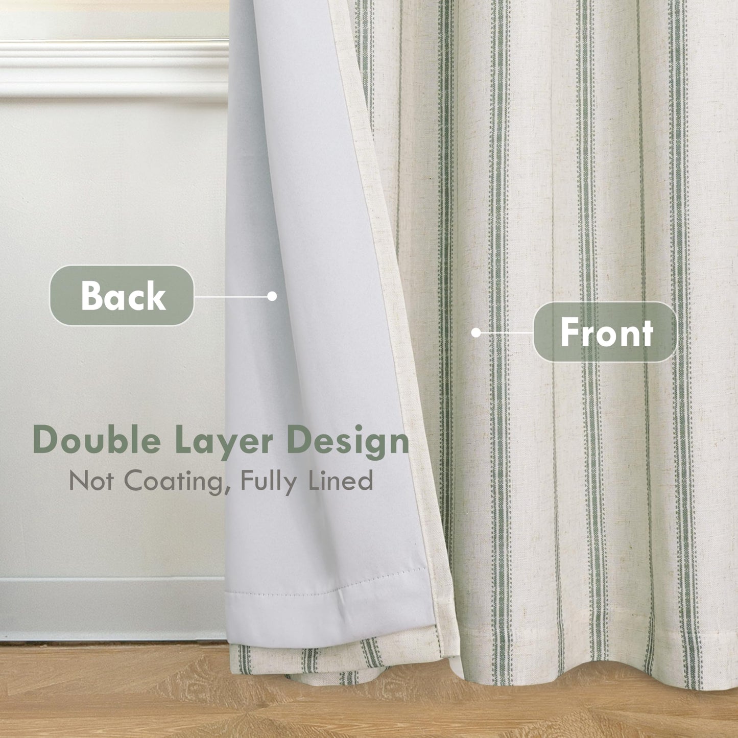DriftAway Farmhouse Linen Blackout Curtains 84 Inches Long for Bedroom Striped Double Layer Thermal Insulated Sound Reducing Lined Grommet Rustic Drapes for Living Room 2 Panels W52 x L84 Loden Green