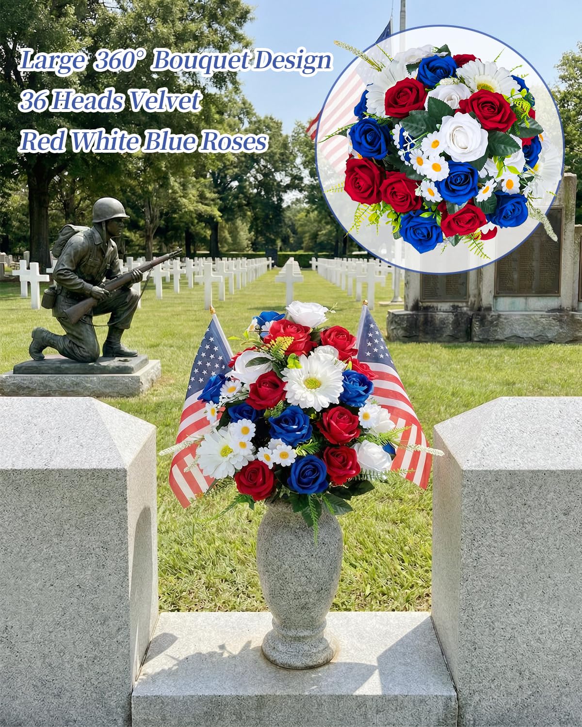 Memobloom Memorial Day Flowers for Cemetery: Large 36 Heads Velvet Red White Blue Roses Bouquet with Flags for Veterans - Outdoor Artificial Patriotic Grave Flowers America 250 Decorations
