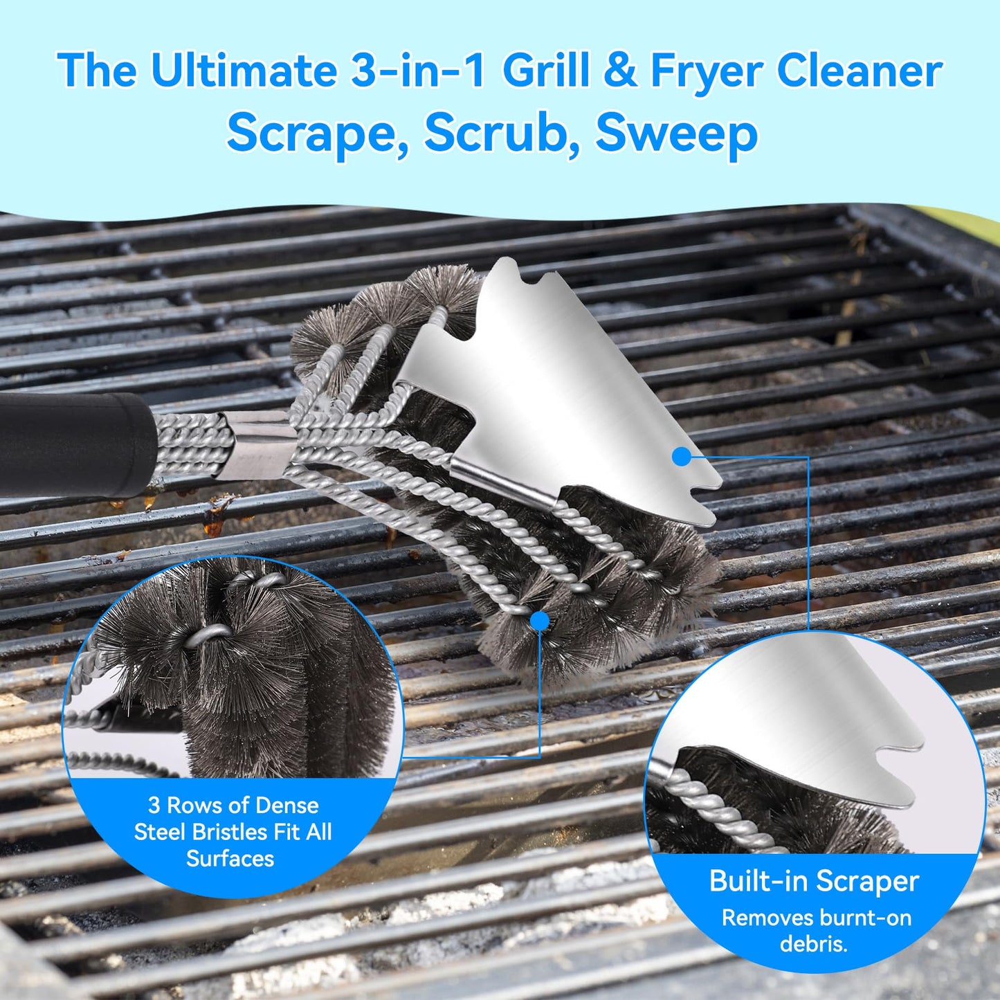 4-Piece Professional Deep Fryer Cleaning Kit - Commercial Stainless Steel Set with Dual-Layer Basket Brush, 3-in-1 Grill Scraper, L-Shape Brush & Drain Wand