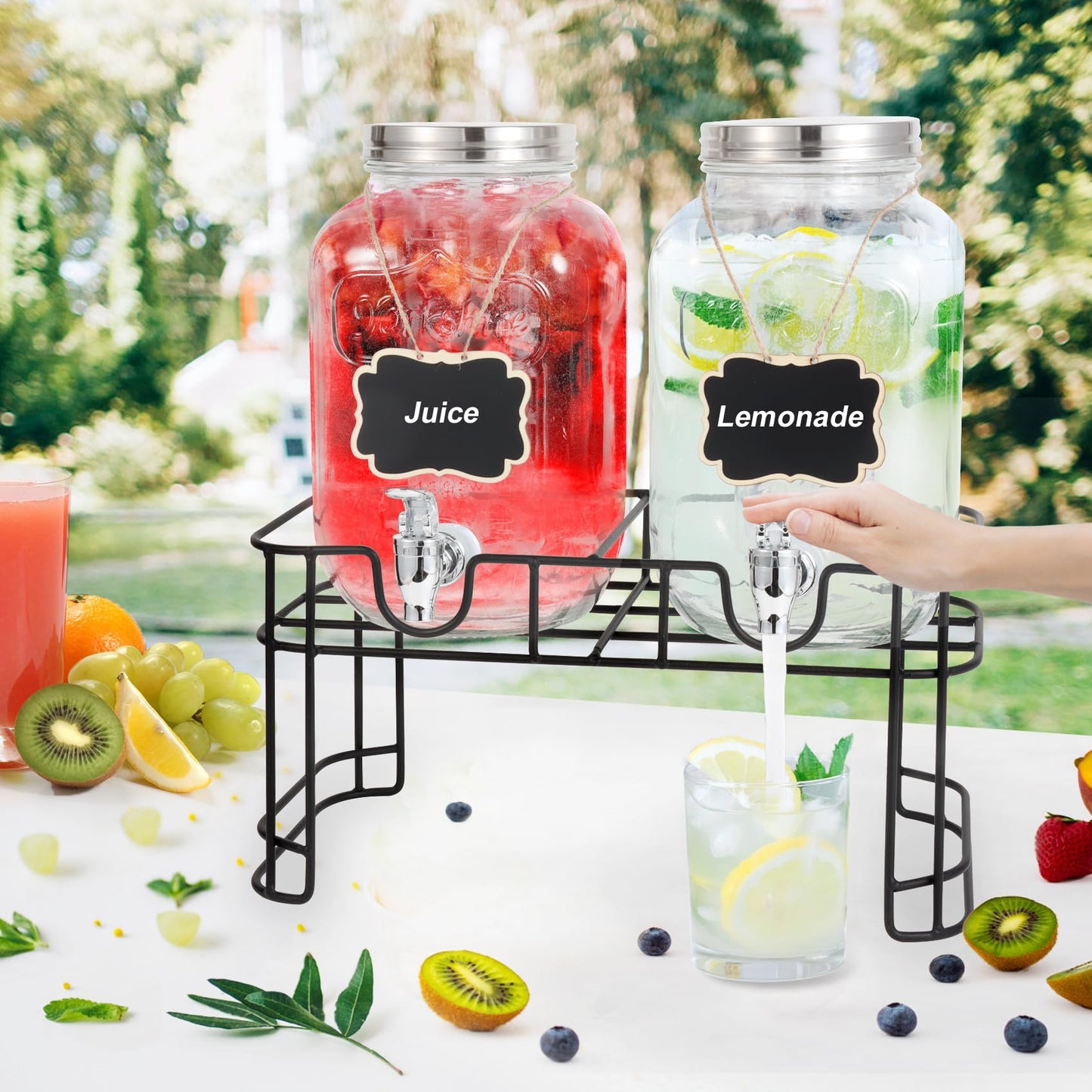 1 Gallon Glass Drink Dispensers For Parties-Set of 2,Drink Dispenser with Fruit Infuser & Stand,Juice or Beverage Dispenser for BBQ, Picnic, Party,Laundry Detergent Dispenser