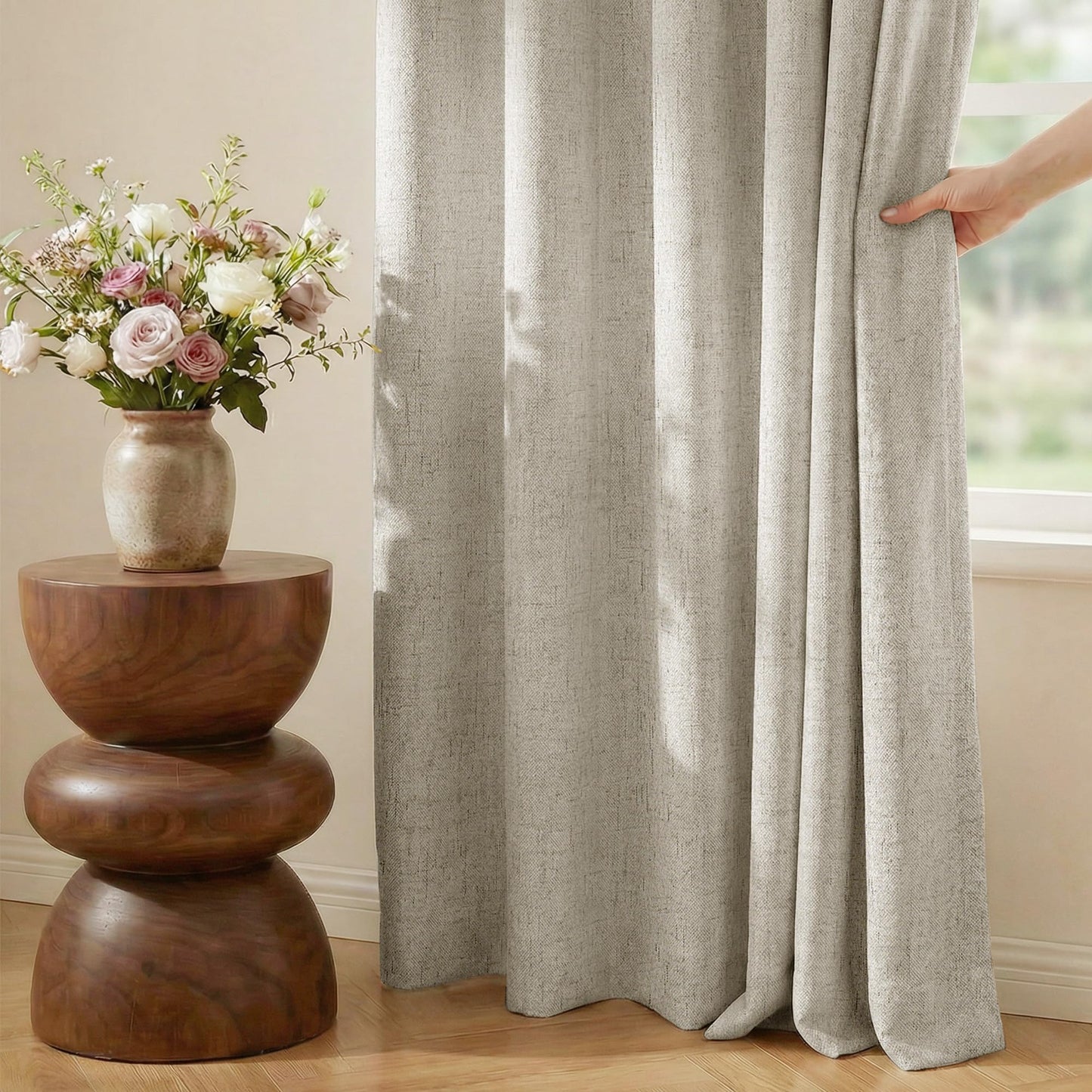 NICETOWN 100% Blackout Linen Beige Curtains 84 inches Long for Living Room, White Liner Composite Grommet Bedroom Thermal Drapes Casual Home Decor Window Treatments, 2 Panels, W52 x L84
