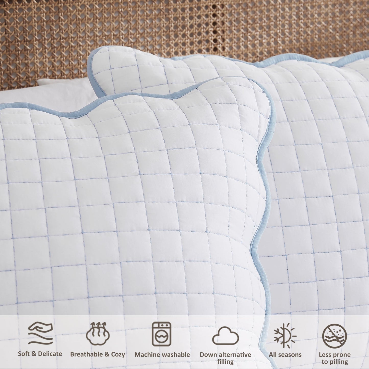 WDCOZY White King Size Quilt Bedding Set, Blue Scalloped Farmhouse Country Rustic Lightweight Soft Coverlet for All Season, Cute Cozy Kantha Pick Stitch Bedspread, 2 Pillow Shams