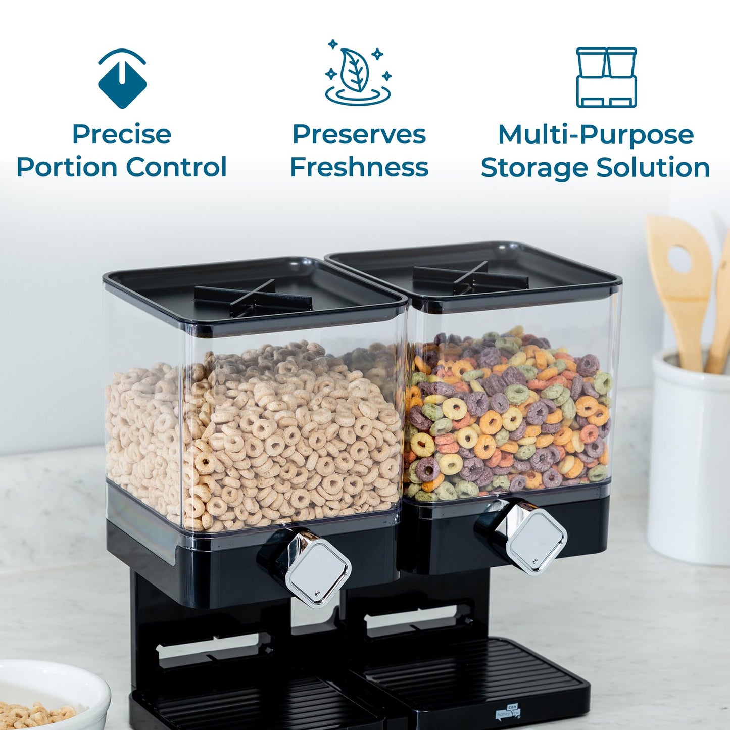 Honey-Can-Do Zevro Compact Dry Food Dispenser, Dual Control, Black/Chrome