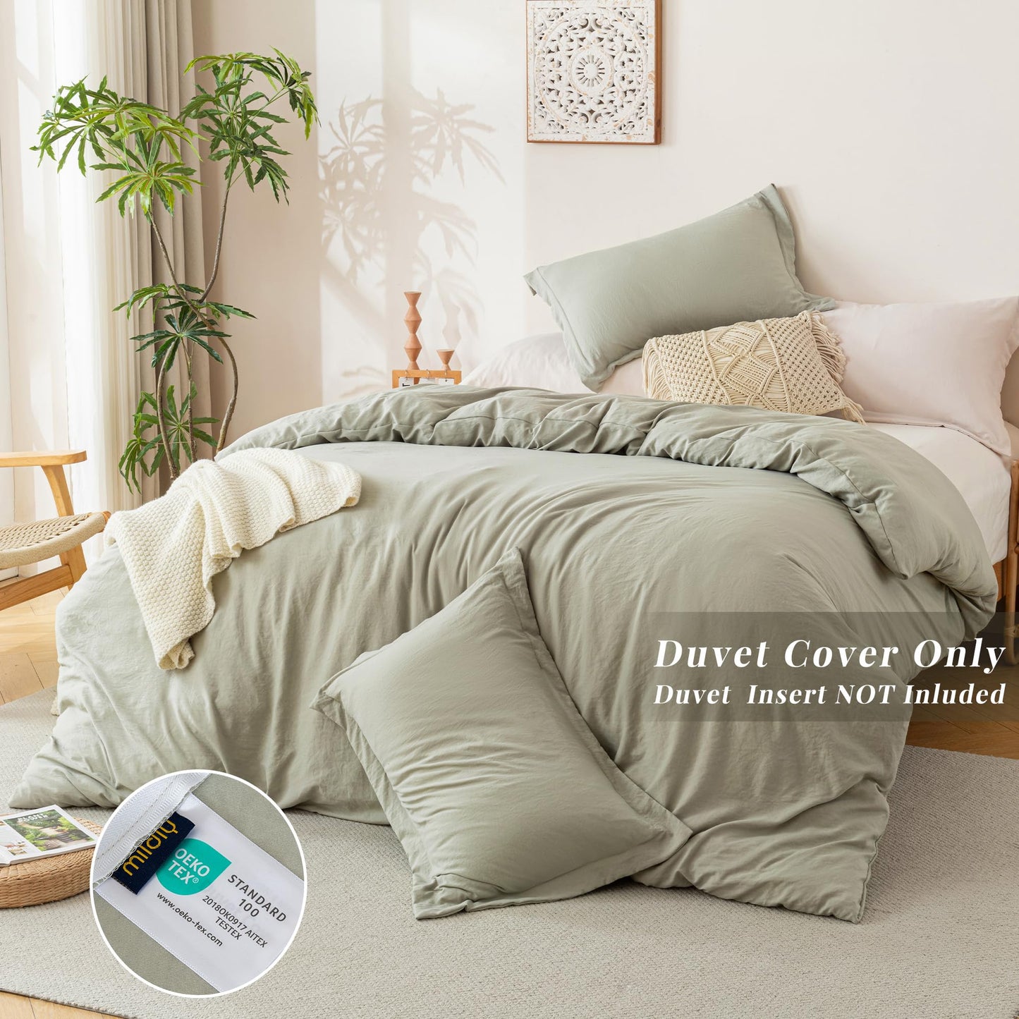 MILDLY Super Soft Duvet Cover - 100% Washed Microfiber October Mist Sage Comforter Cover Set 3 Pieces with Zipper Closure & Corner Ties (No Comforter)