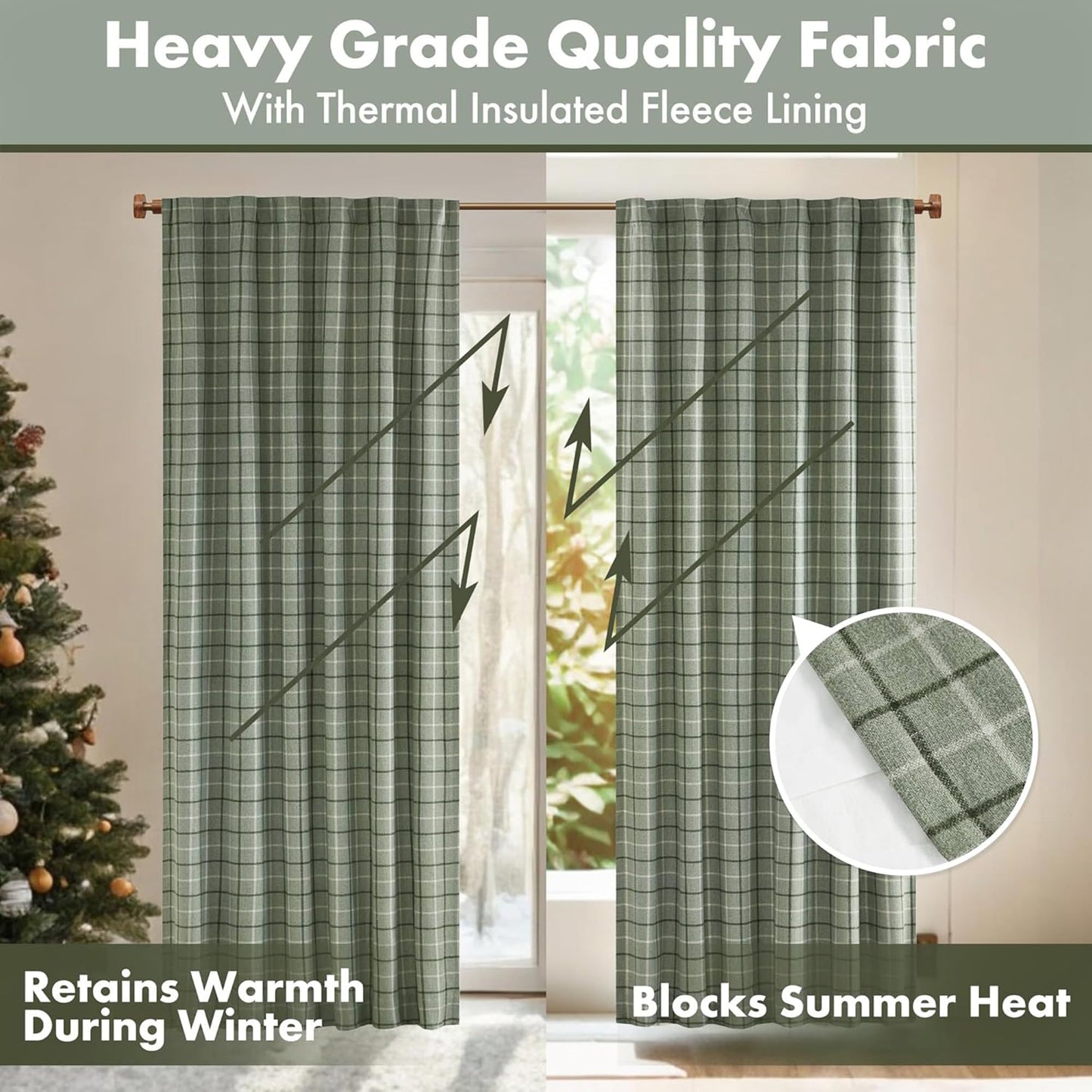 Madison Park Anaheim Cabin Plaid Curtain Window, Thermal Insulated Fleece Lining, Living Room Decor Room Darkening Drape for Bedroom, 1-Single Panel Pack, 50x84, Rod Pocket & Back Tab, Green