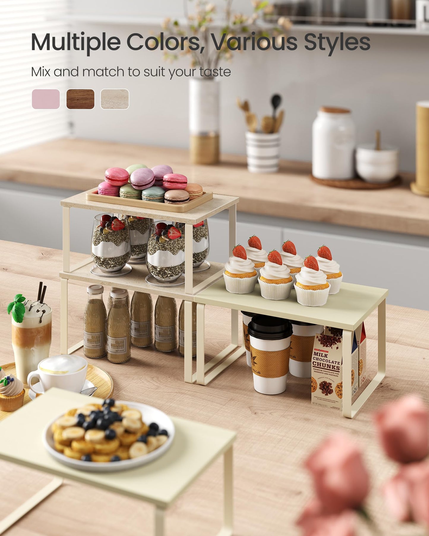 SONGMICS Cabinet Organizer Shelf, Set of 2 Kitchen Counter Shelves, Kitchen Storage, Spice Rack, Stackable, Expandable, Metal and Engineered Wood, Travertine Beige and Cream White UKCS020L01