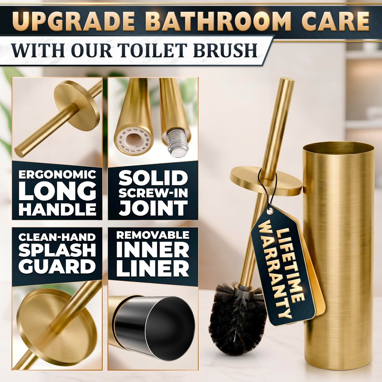 Gold Toilet Brush and Holder Set - Free-Standing Stainless Steel Gold Toilet Bowl Brush and Holder with Replaceable Head, Removable Inner Bowl, and Splash Guard - Dense Bristles for Thorough Cleaning