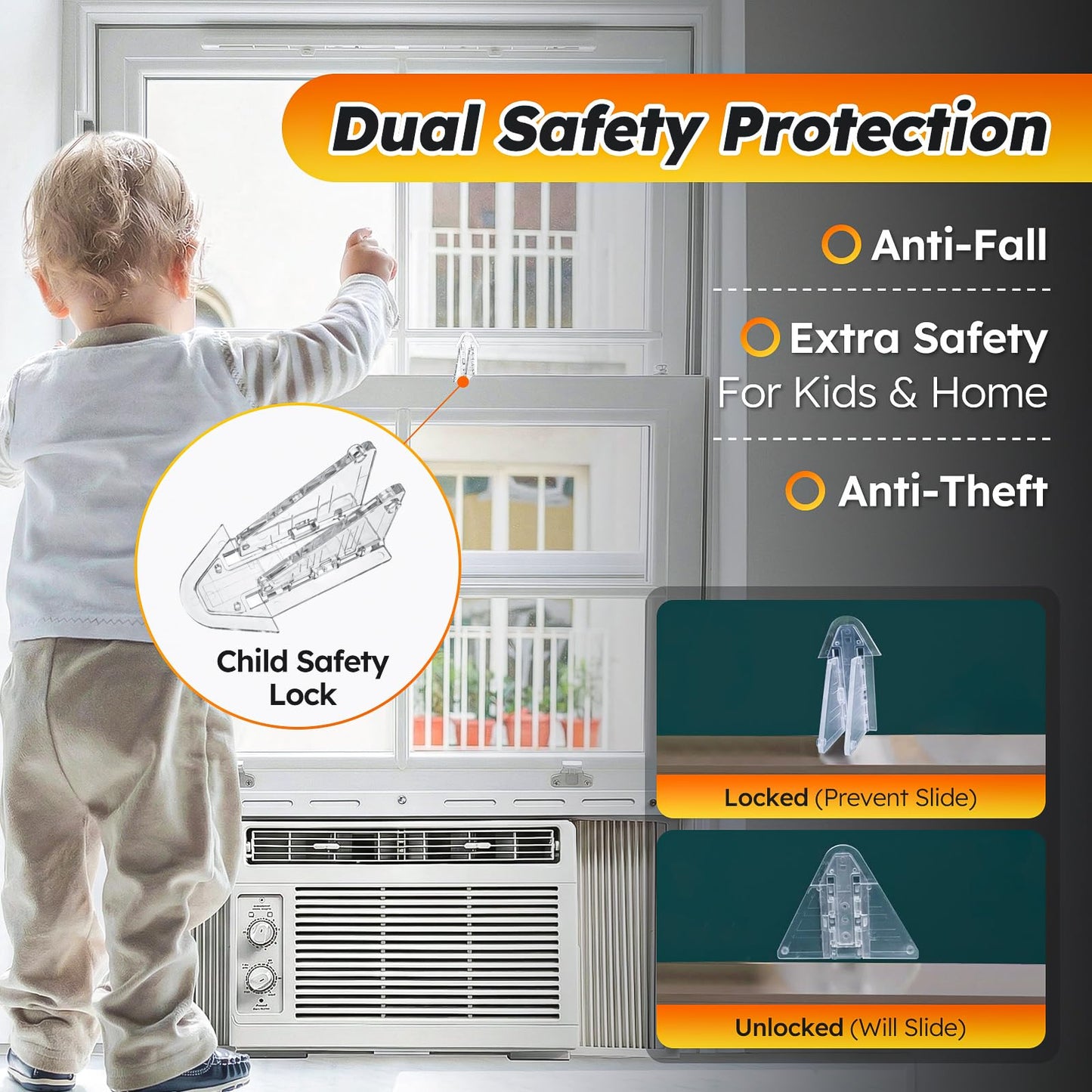 EASETOOL Window AC Bracket - No Drill, 25"-47" Adjustable, Anti-Condensation Backflow with Child Safety Lock, Heavy Duty 300+ LBS Load, Quick Install & Detachable