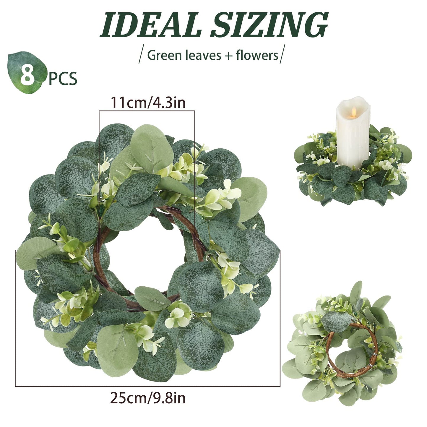Panelee 20 Pcs Candle Rings Artificial Eucalyptus Candle Wreath Rings Greenery Leaves Boho Candles Garland Pillar for Wedding(Elegant Eucalyptus Leaf)