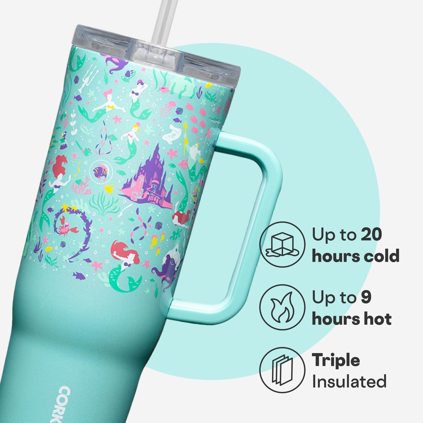 Corkcicle Cruiser Insulated Tumbler with Handle & Straw - Keeps Drinks Ice Cold - Triple-Insulated - Leakproof Travel Mug - BPA-Free - Summer Drinkware Gift - 40 oz, Princess Ariel