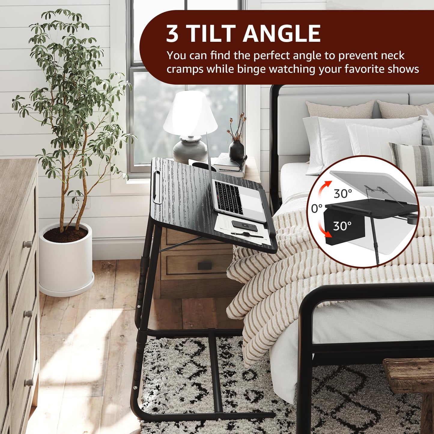 Adjustable TV Tray Black Dinner - Folding Trays for Eating On Couch Wooden Tables Mate Stand Foldable Desk with Cup Holder Portable