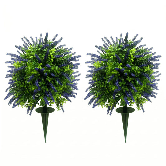 Siyoeg Artificial Lavender Topiary Ball Trees with Ground Spike, Set of 2 UV Resistant Faux Shrubs, Fake Evergreen Plant for Indoor Outdoor Front Porch Garden Decor, No Watering Needed