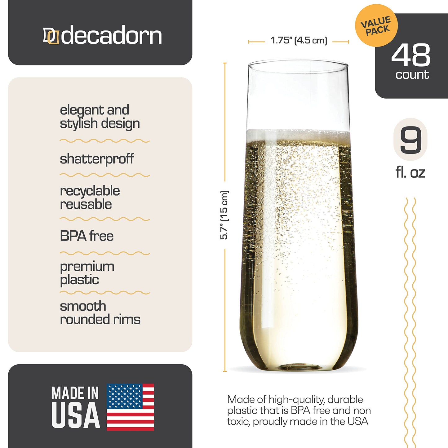 DECADORN Clear Stemless Champagne Flutes Plastic 48 Pack, Made in USA, 9oz Plastic Champagne Glasses - Durable and Sturdy Mimosa Glasses For Parties - Shatterproof, Recyclable, BPA-Free, Smooth Rims