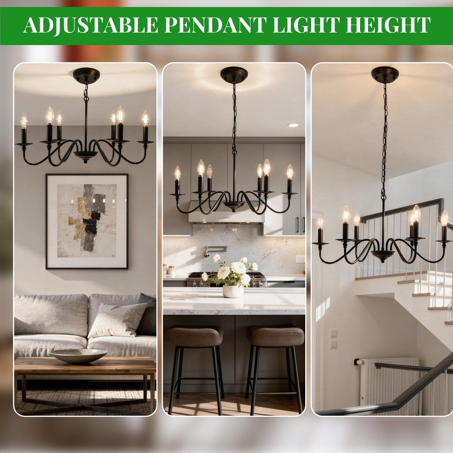 Phaosio Black Chandelier, 6-Light Farmhouse Candle Chandelier 29'', Rustic Industrial Hanging Light Fixture for Dining Room, Kitchen Island, Living Room, Entryway, Bedroom, Foyer