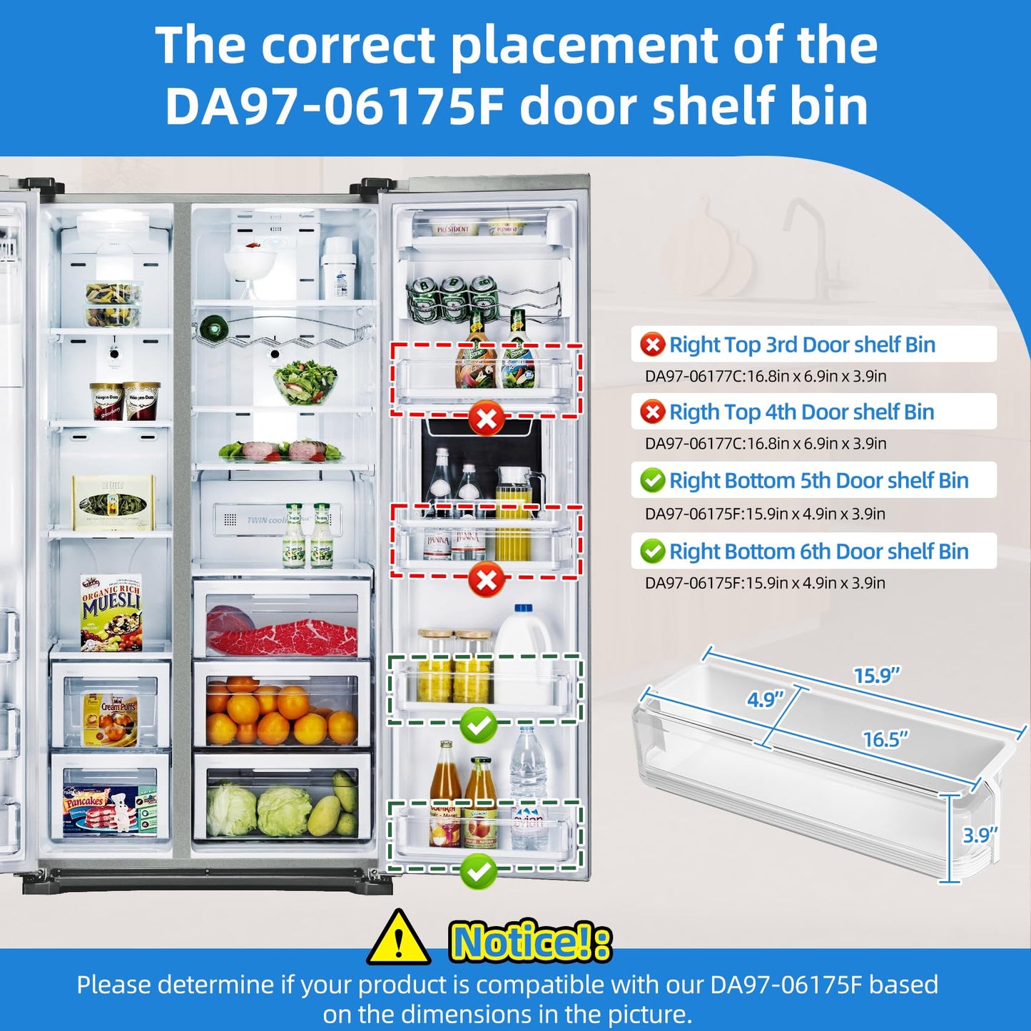 DA97-06175F Refrigerator Door Bin Compatible with Kenmore Samsung Refrigerator Door Shelf RS22HDHPNSR RS22HDHPNBC RS22HDHPNWW RSG257AARS RSG257AAWP RSG257AAPN, Fridge Lower Shelf Guard Replacement
