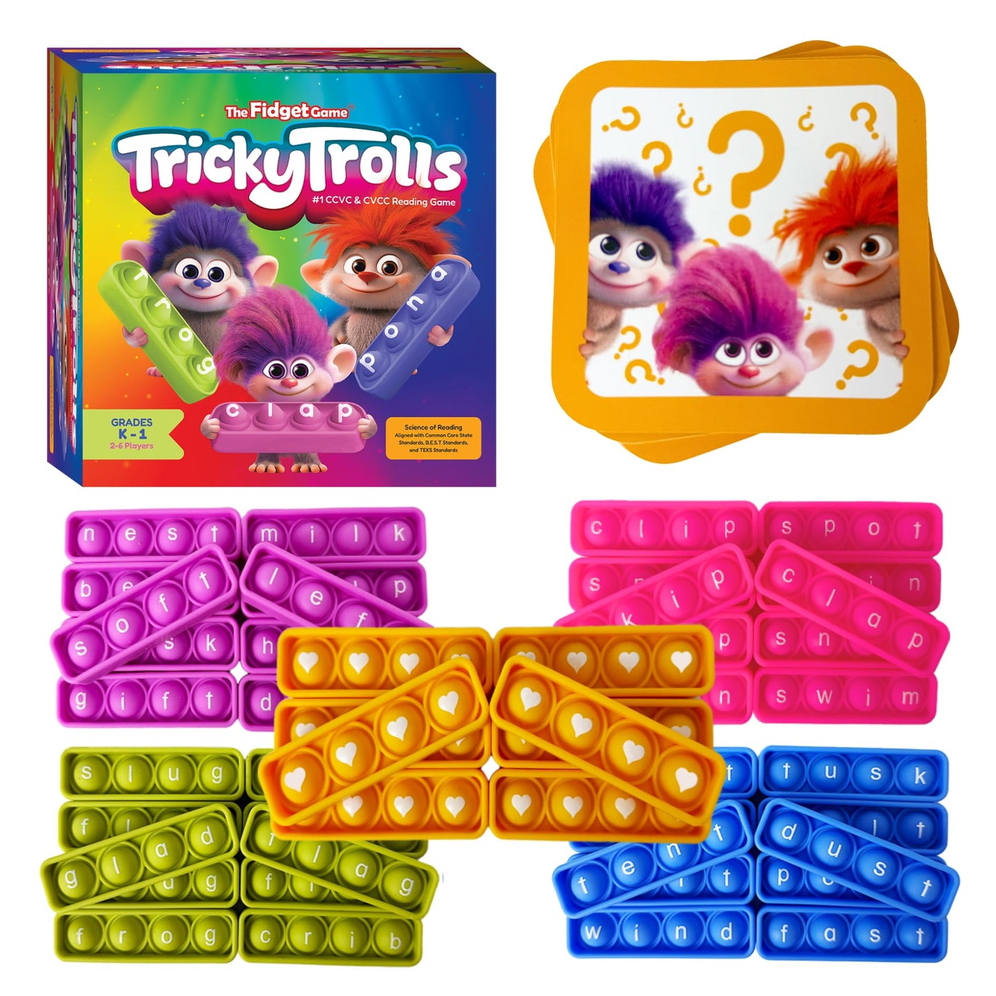 THE FIDGET GAME Tricky Trolls CCVC & CVCC Reading Game, Mini Pop Sensory Toy to Learn and Spell, Educational Kindergarten Classroom Activities, Multisensory Phonics Flash Cards for 4+ Years